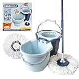 Casabella Spin Mop System with Extra Mop Head Refill - Two-Bucket Design with Splash Guard Built-in Measuring Cup and Scraper Tool with Easy Wring Pedal Spinner, 1.25-Gallon, Blue