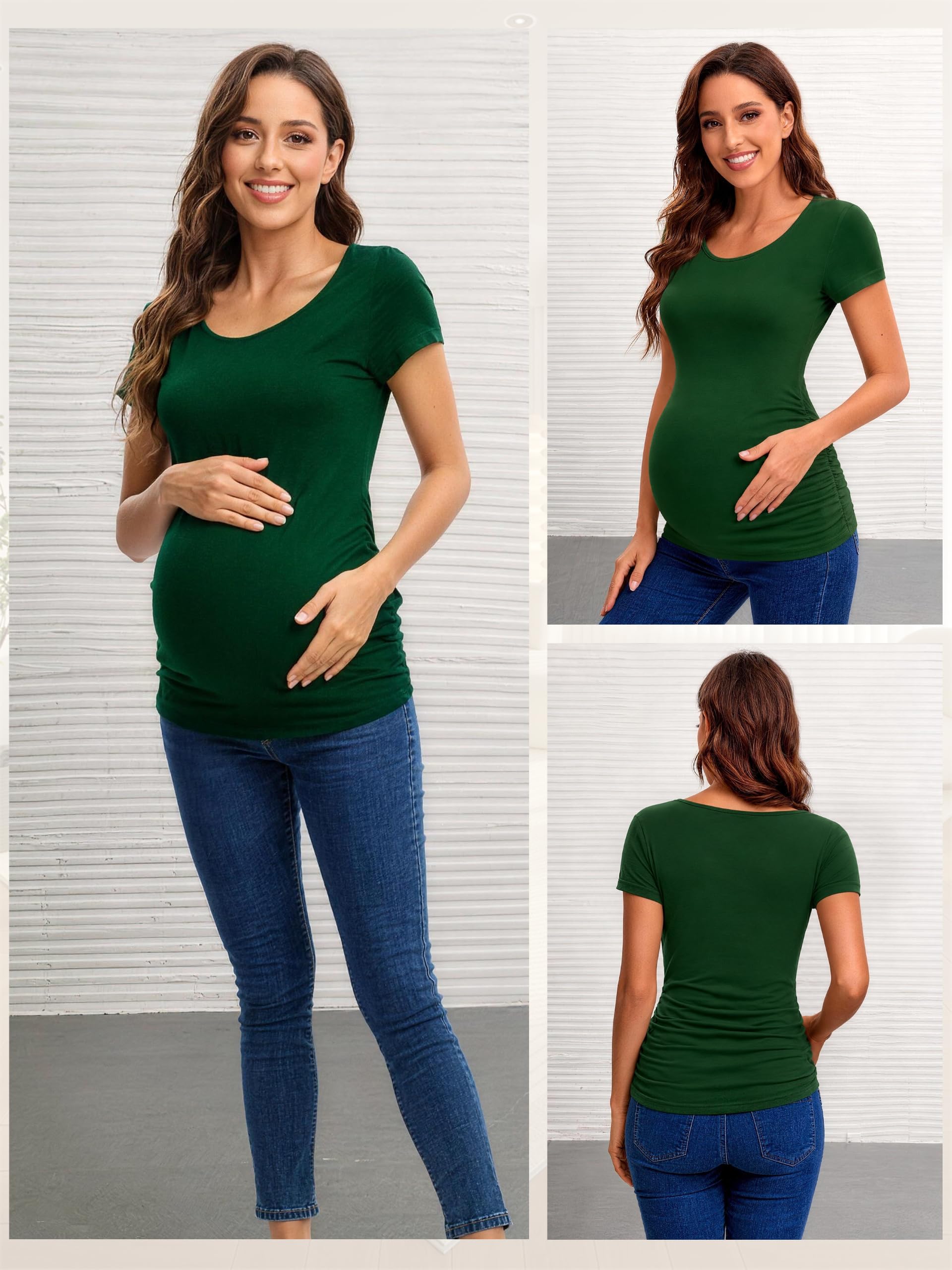 Lot de 3 t-shirts de maternité à manches courtes, couleur unie, vêtements de grossesse, Noir + gris foncé + variole vert foncé, S