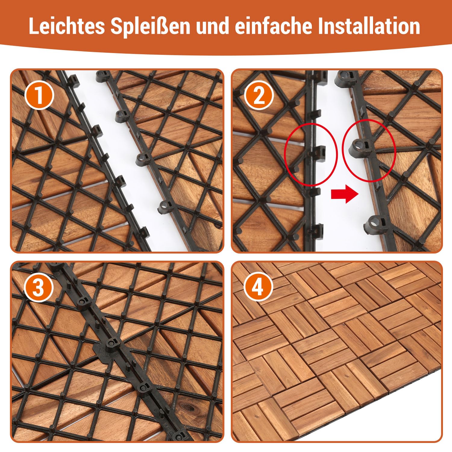 Fiqops Holzfliesen Balkon 30x30cm, Akazienholz Terrassenfliesen 11Stück 1㎡,Terassenboden Außen,Klickfliesen Terrasse Mosaik für Garten Patio,Balkon Bodenbelag (12 Latten)
