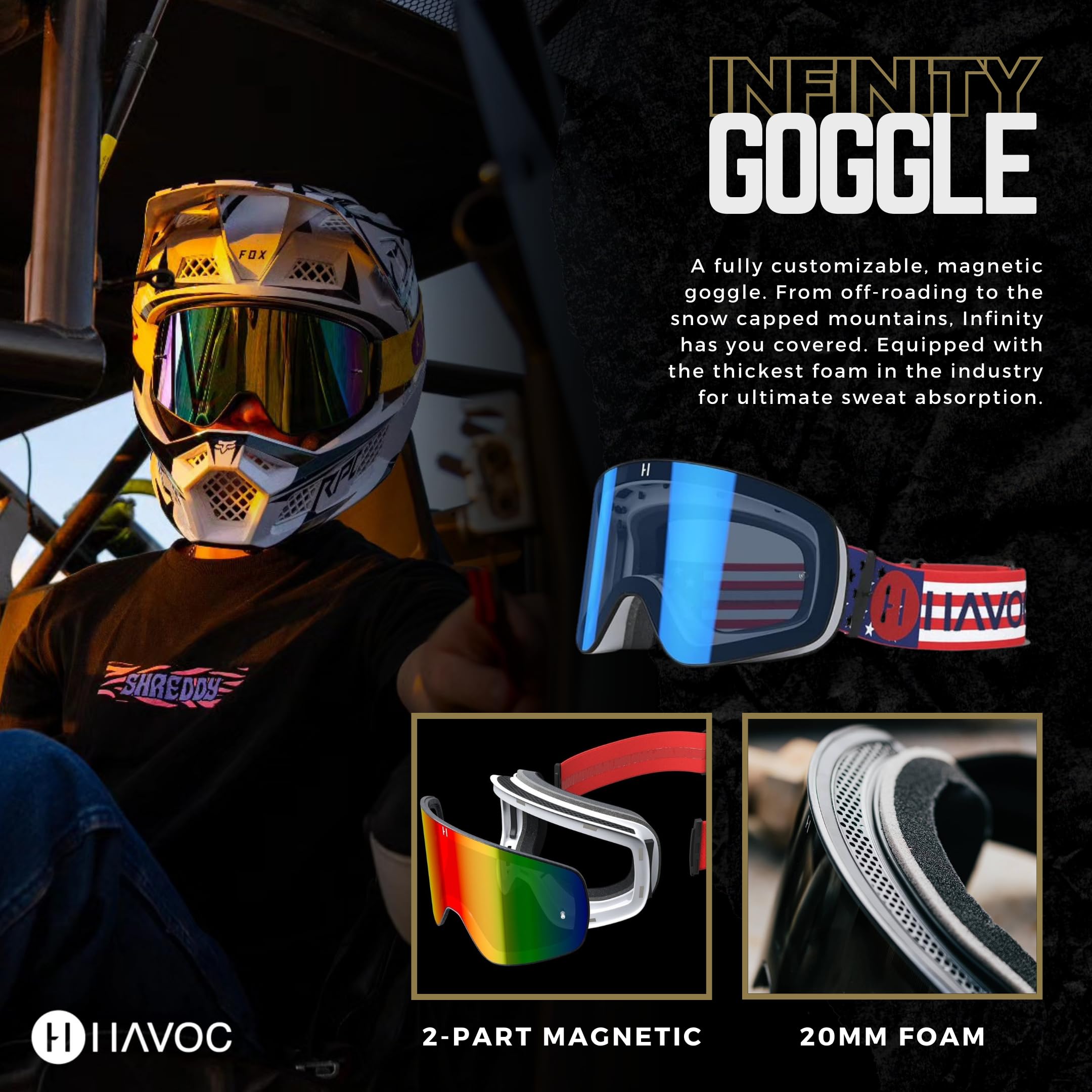 Havoc Racing Gogle magnetyczne - gogle motocrossowe, do jazdy na motocyklu, snowboardzie, ATV i UTV, okulary przeciwmgielne blokujące promieniowanie UV