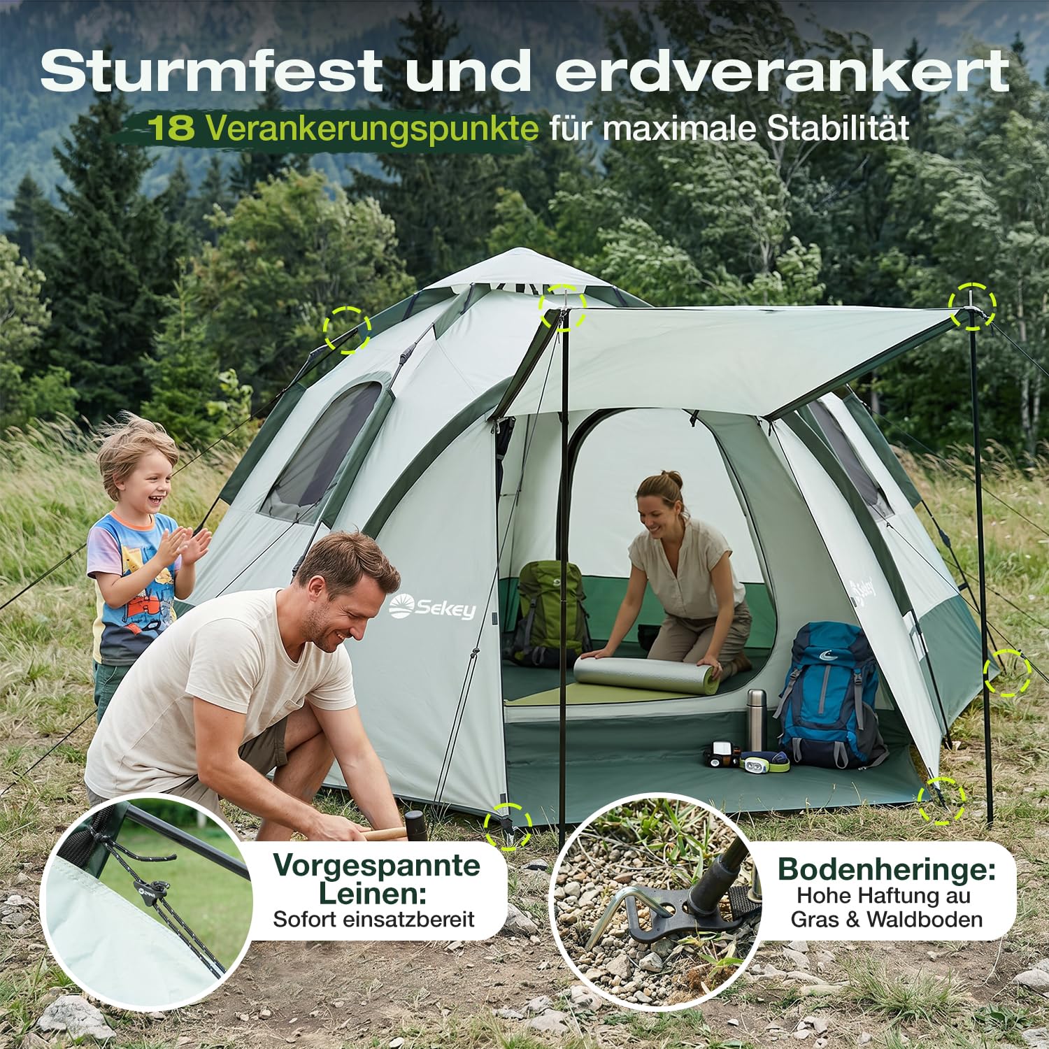 Sekey Pop Up Zelt 2 Personen, 2-in-1 Campingzelt mit Innenzelt oder Strandzelt ohne Innenzelt, Schnellaufbau Automatik Zelt Wasserdicht PU3000 UPF50+,