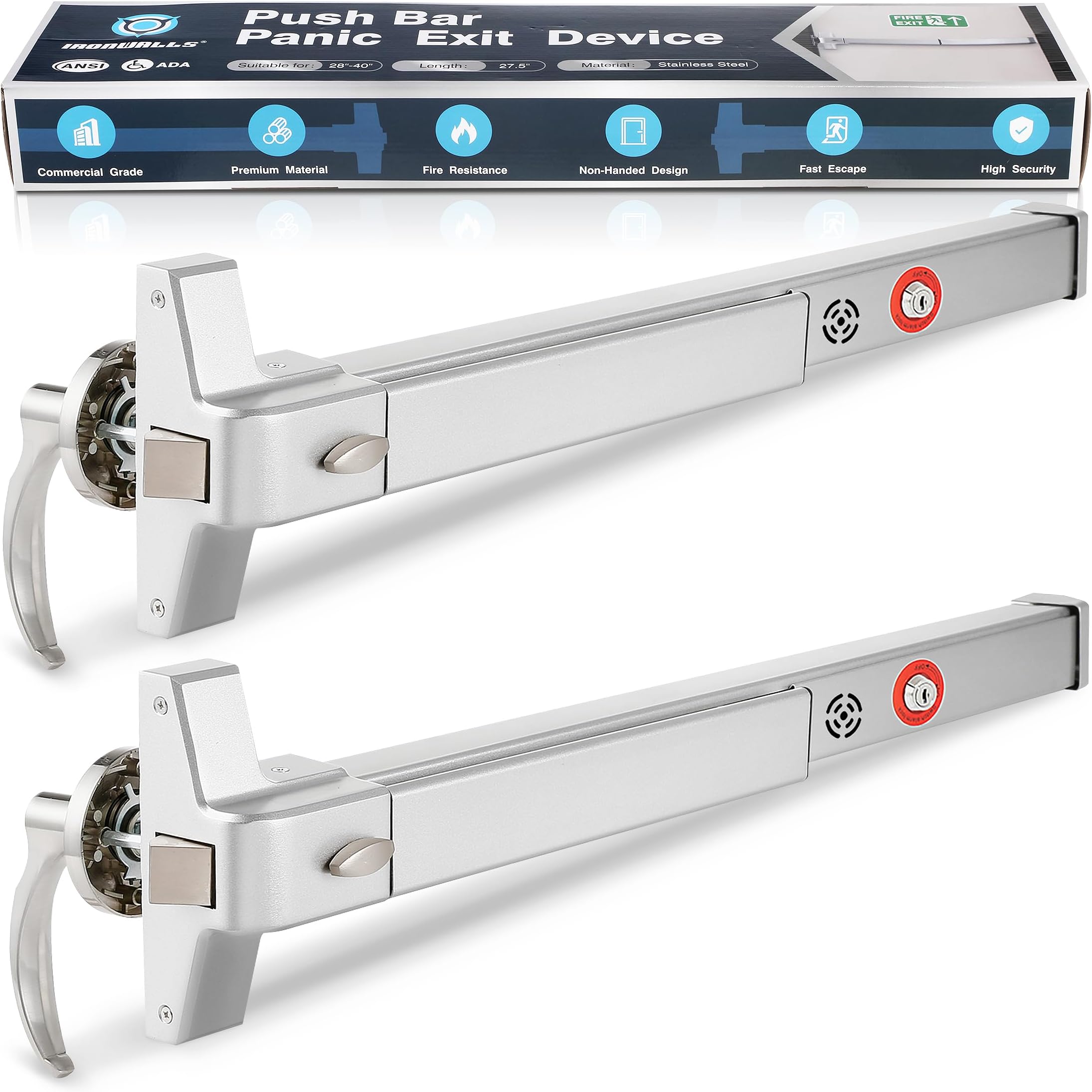 IRONWALLS 2 Packs Commercial Door Push Bar Panic Exit Device with Alarm, 27.5” Stainless Steel Panic Bars for Exit Doors, Panic Bar Emergency Door Hardware with Exterior Handle, Fit for 27”-41” Doors