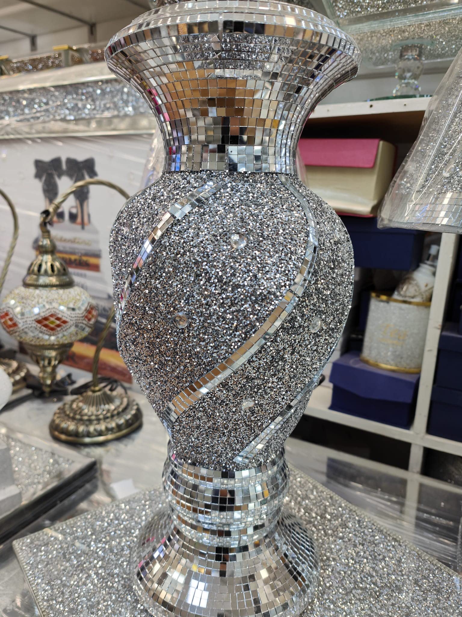 Biznest 40Cm Large Crushed Diamond Ceramic Silver Vase Sculpture Flower Pot Sparkle Ornament Bling Vase Handmade Vase Biz 008 from B&Q