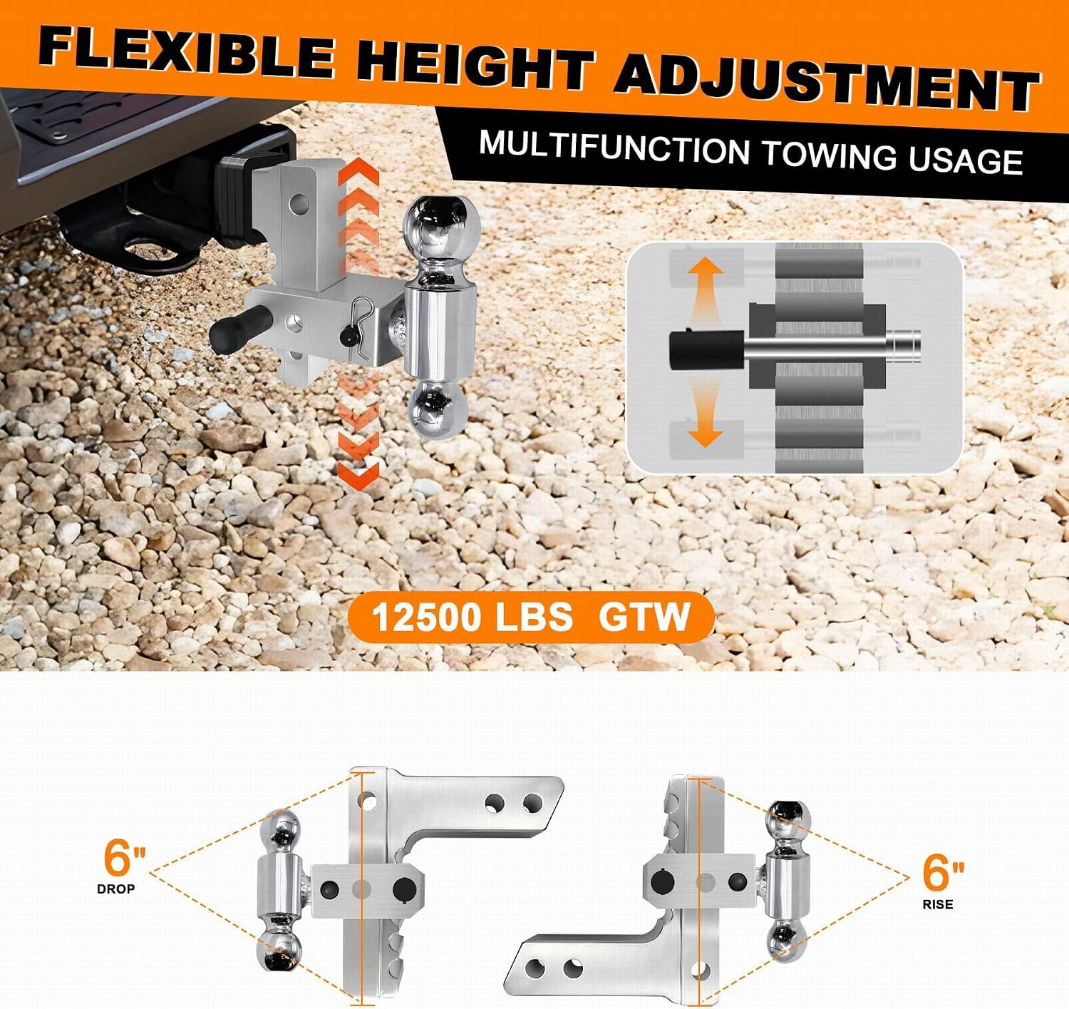 Adjustable Tow Hitch for 2" Receiver-2 Ball 2 inch Ball Hitch Tow Hitches with 6-Inch Drop/Rise-Aluminum Adjustable Drop Hitch Trailer Hitch Ball Fits for Truck (12,500 LBS GTW)