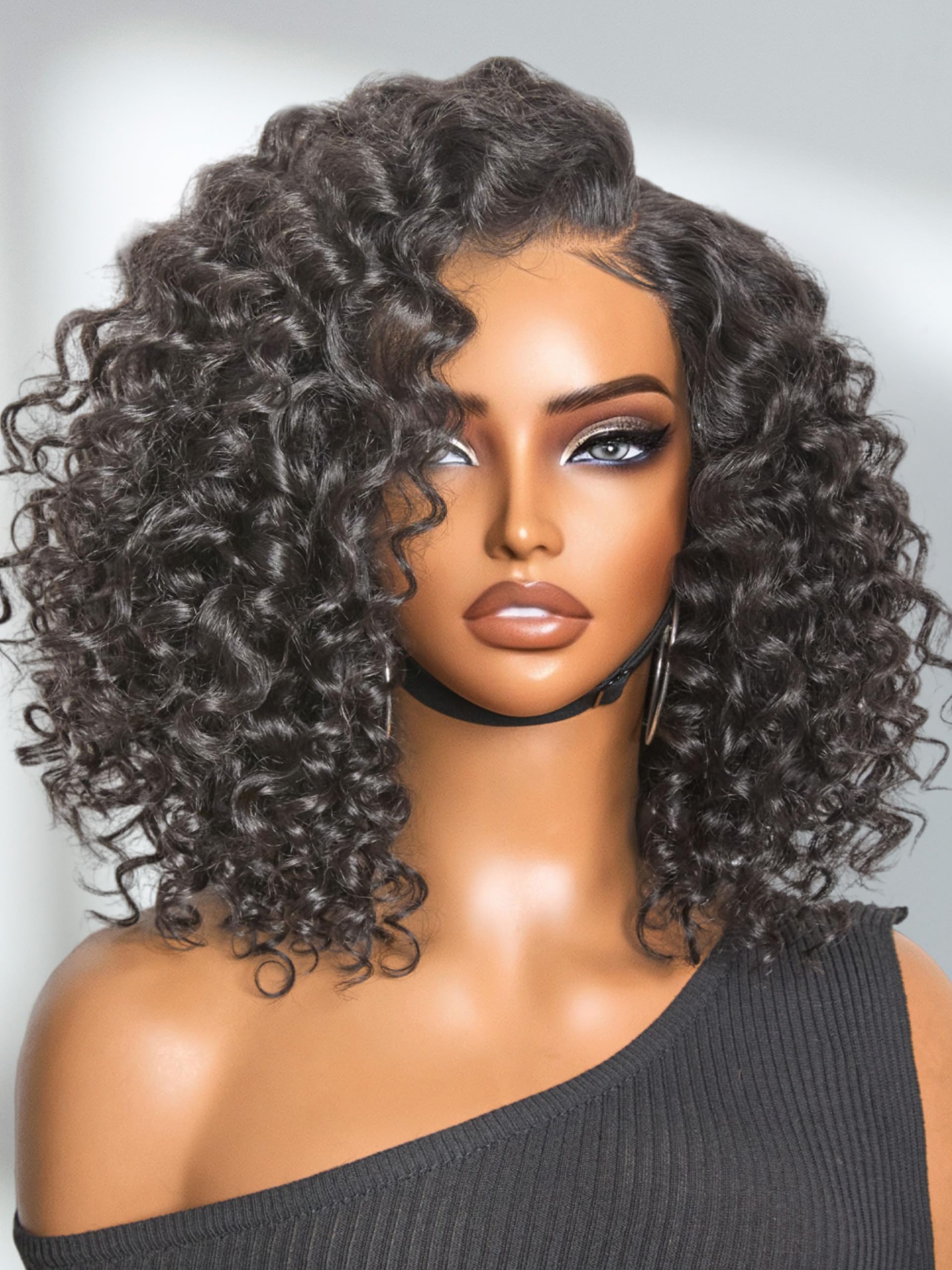 LUVME HAIR 100% Human Hair Wigs Curly Deep Wave Glueless Lace Front 12 Inches, Pre Cut Plucked Hd Lace Short Wig Ready To Go Natural Color Straight Bleached Knots Side Part Black Wigs