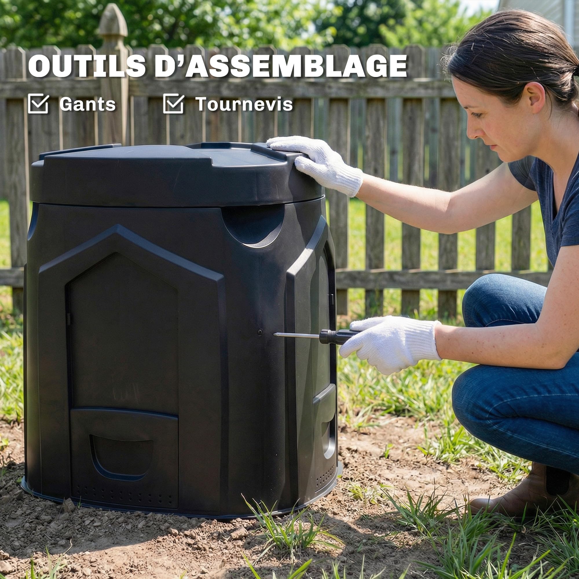 Outsunny Composteur de jardin, 240L, bac à compost extérieur, triangulaire, 78 x 75 x 78 cm, en polypropylène, avec 3 Portes, 66 Aérations et Fond Ouvert, Inclus Gants et Tournevis, Noir