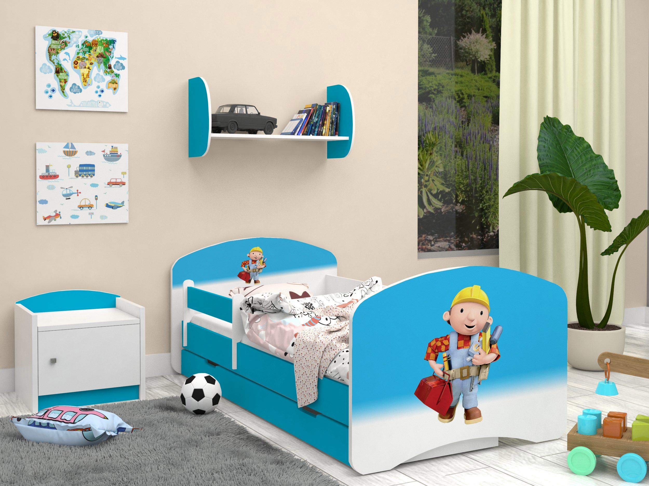 Happy Babies – dwustronne łóżko dziecięce z szufladą, nowoczesne wzornictwo z bezpiecznymi krawędziami i zabezpieczeniem przed upadkiem, materac piankowy 7 cm, niebieski (bob Budowniczy 190 x 90)