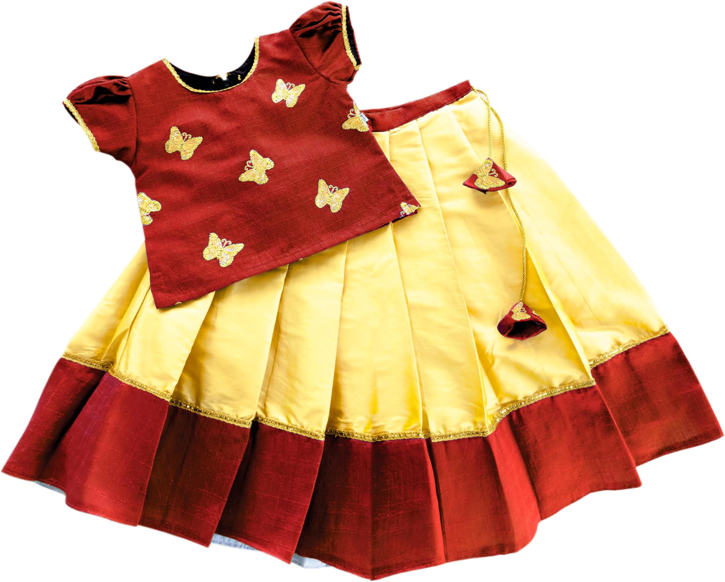 Stanwells Kids Lehenga Choli for Girls Cotton Silk Traditional Dress Ethnic Wear for Baby Girls Front Bow Readymade Embroidered Lehenga for Kids Kerala South Indian Pattu Pavadai Lehenga for Kids