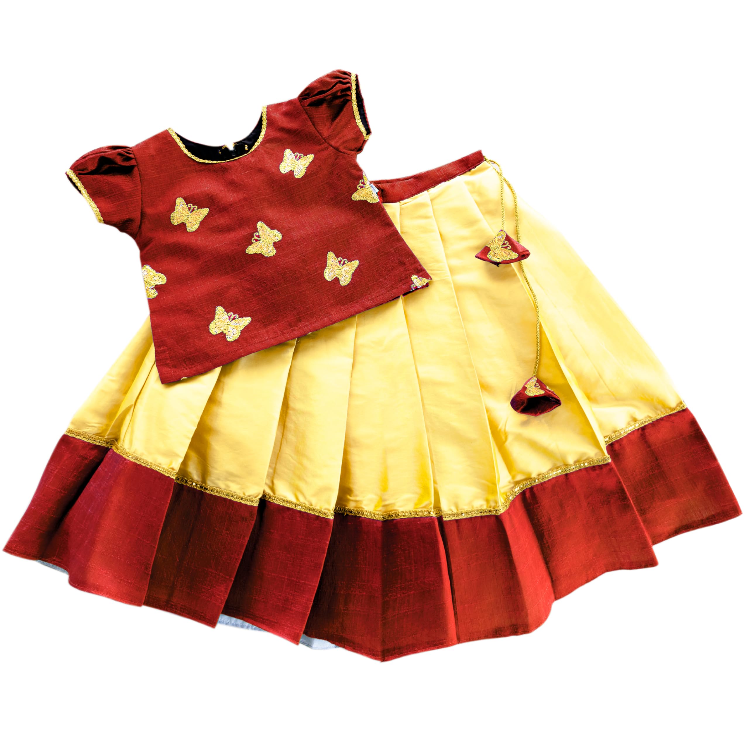 Stanwells KidsLehenga Choli for Girls Cotton Silk Traditional Dress Ethnic Wear for Baby Girls Front Bow Readymade Embroidered Lehenga for Kids Kerala South Indian Pattu Pavadai Langa for Kids