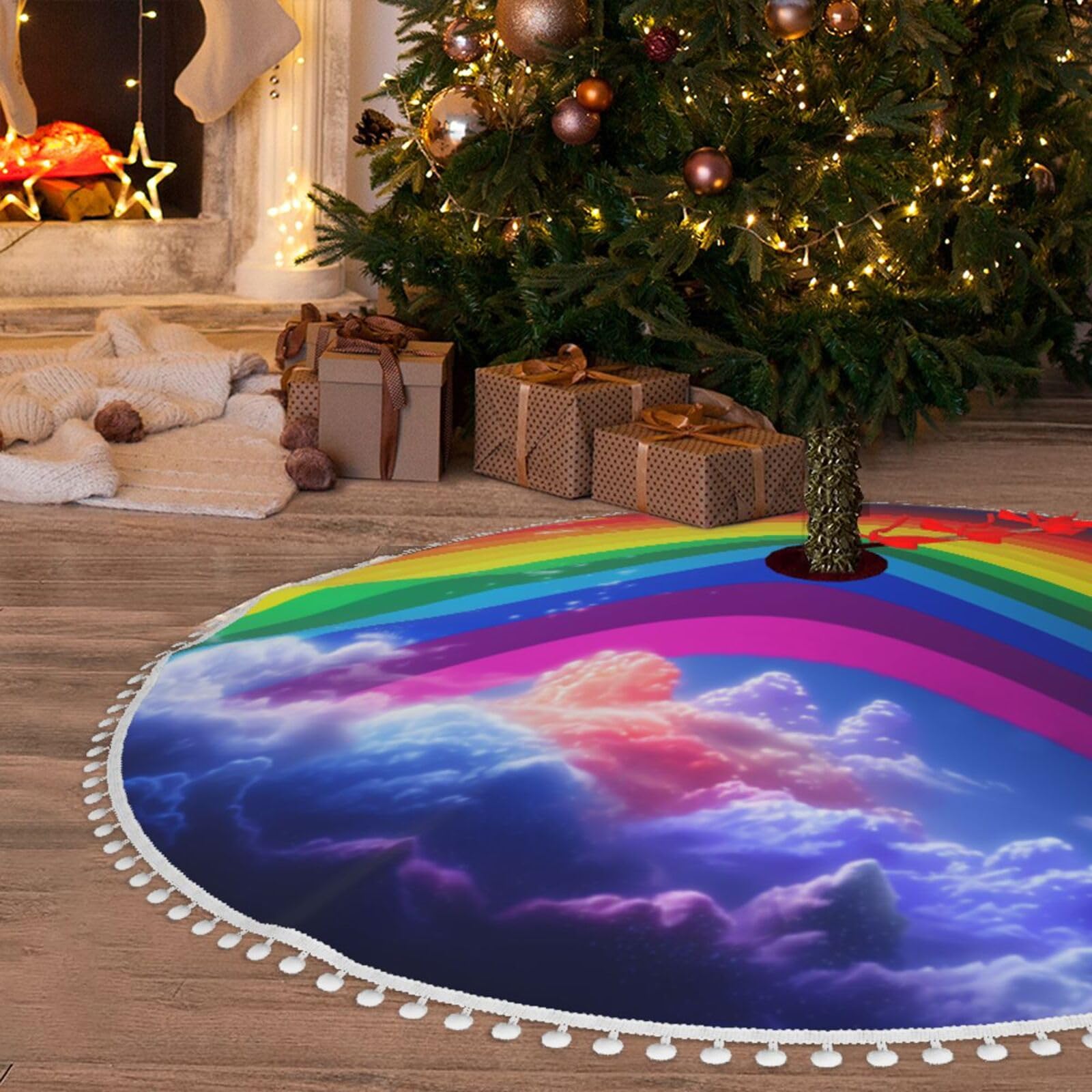 Jupe de sapin arc-en-ciel pour un Noël magique en famille à la ferme