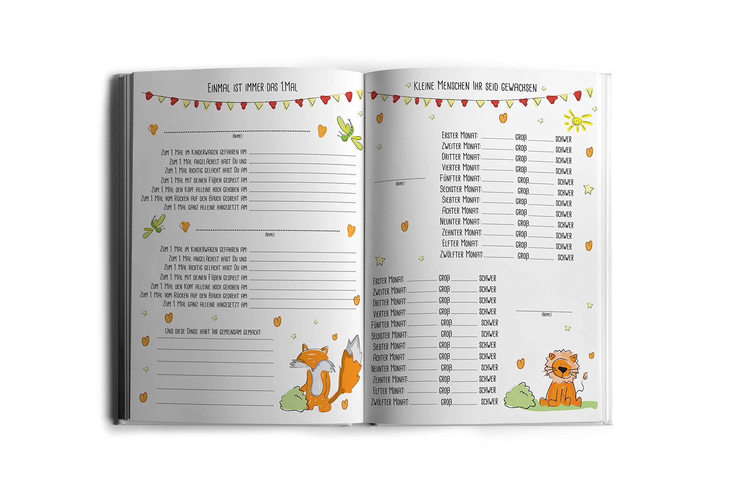 Zwillingsalbum personalisiert – Erinnerungen ans erste Babyjahr | Rundfux® | Wunschname, individuelles Cover, Meilensteine, Fotos, Entwicklungsschritte, Geburtsdaten, Erinnerungsschatz