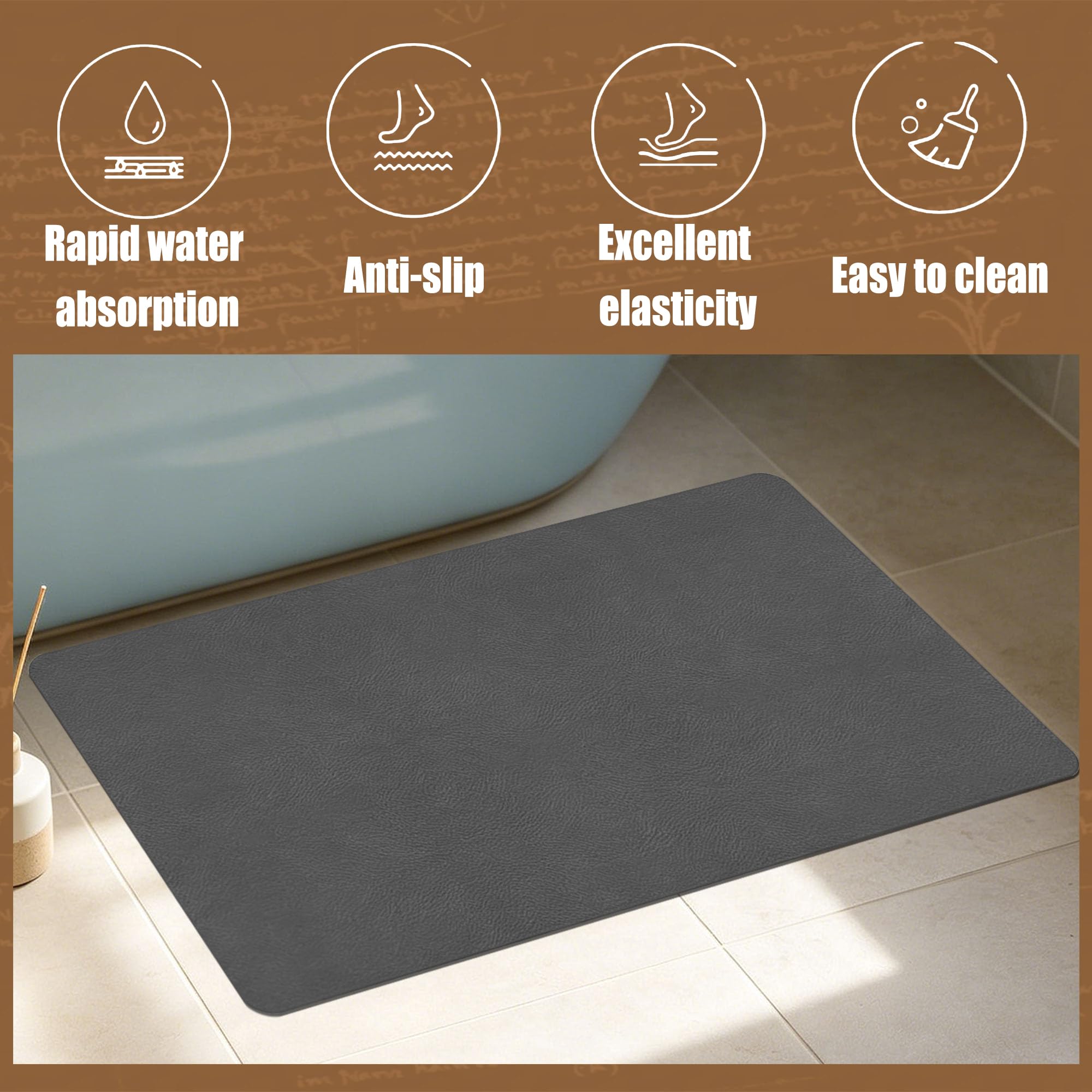 Alfombra de Baño 105 x 112 cm Secado Rápido, Antideslizante y Antibacteriana Alfombrilla de Ducha Absorbente Antideslizante y Antihumedad para Ducha, Baño y Cocina, Gris Oscuro