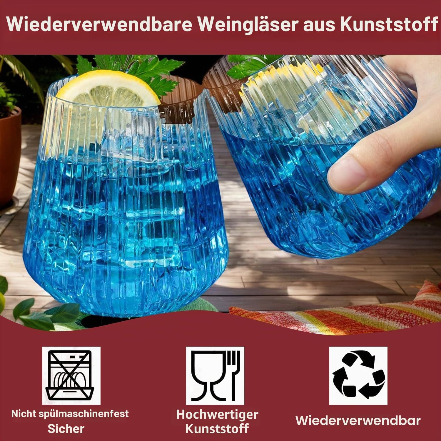 8er-Set 400 ml Weingläser Kunststoff, Plastik Weingläser Mehrweg, Tragbare Camping Gläser Unzerbrechlich, Transparenter Kunststoffgläser mit Geriffelt für Familie, Camping, Party (8er Set)