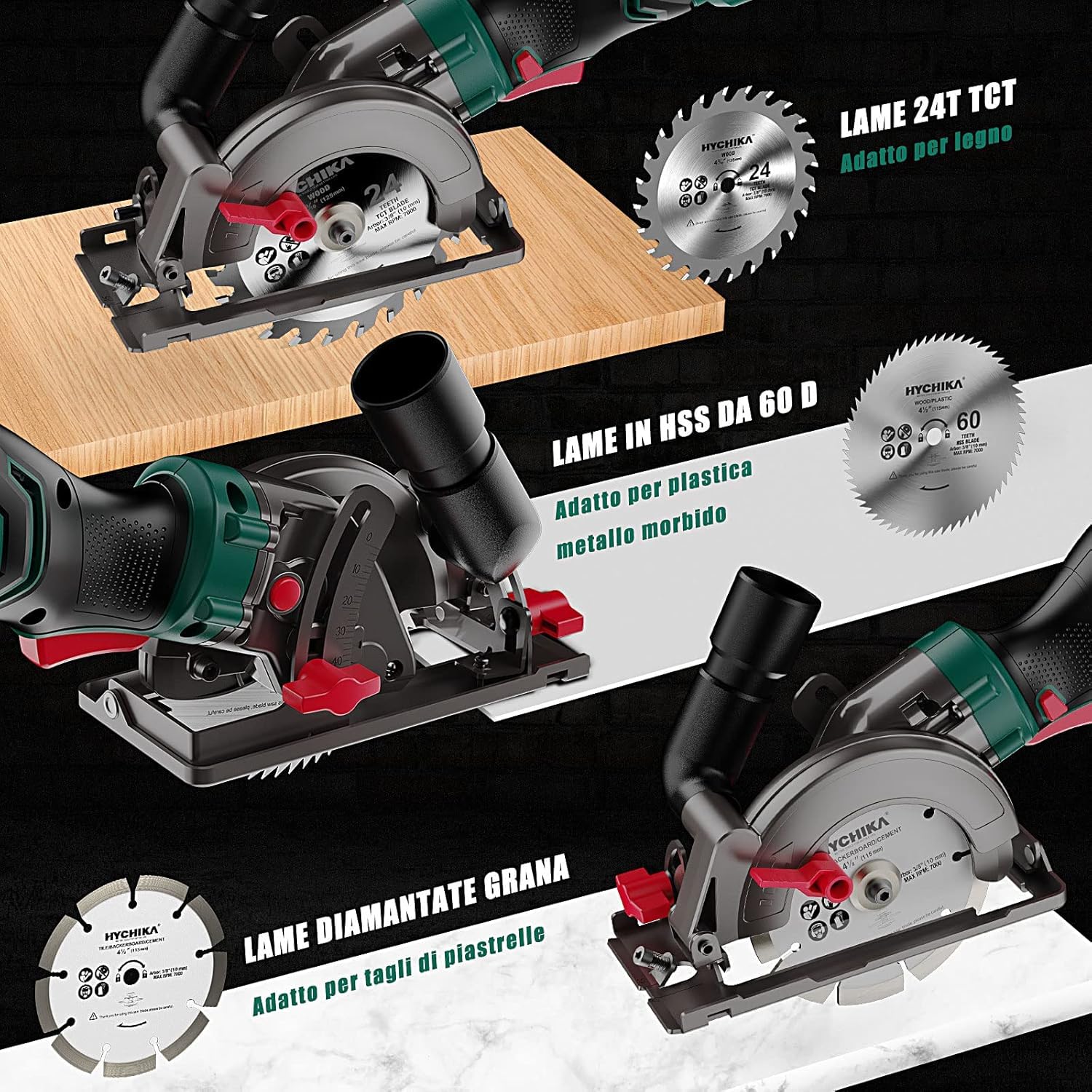 HYCHIKA Mini Sega Circolare 750W 3500RPM, Sega Compatta con 3 Lame (24T/60T/9T) per Legno, Metallo e Piastrelle, Taglio Inclinato 45°/90° (Profondità Max 48mm), Fai da Te