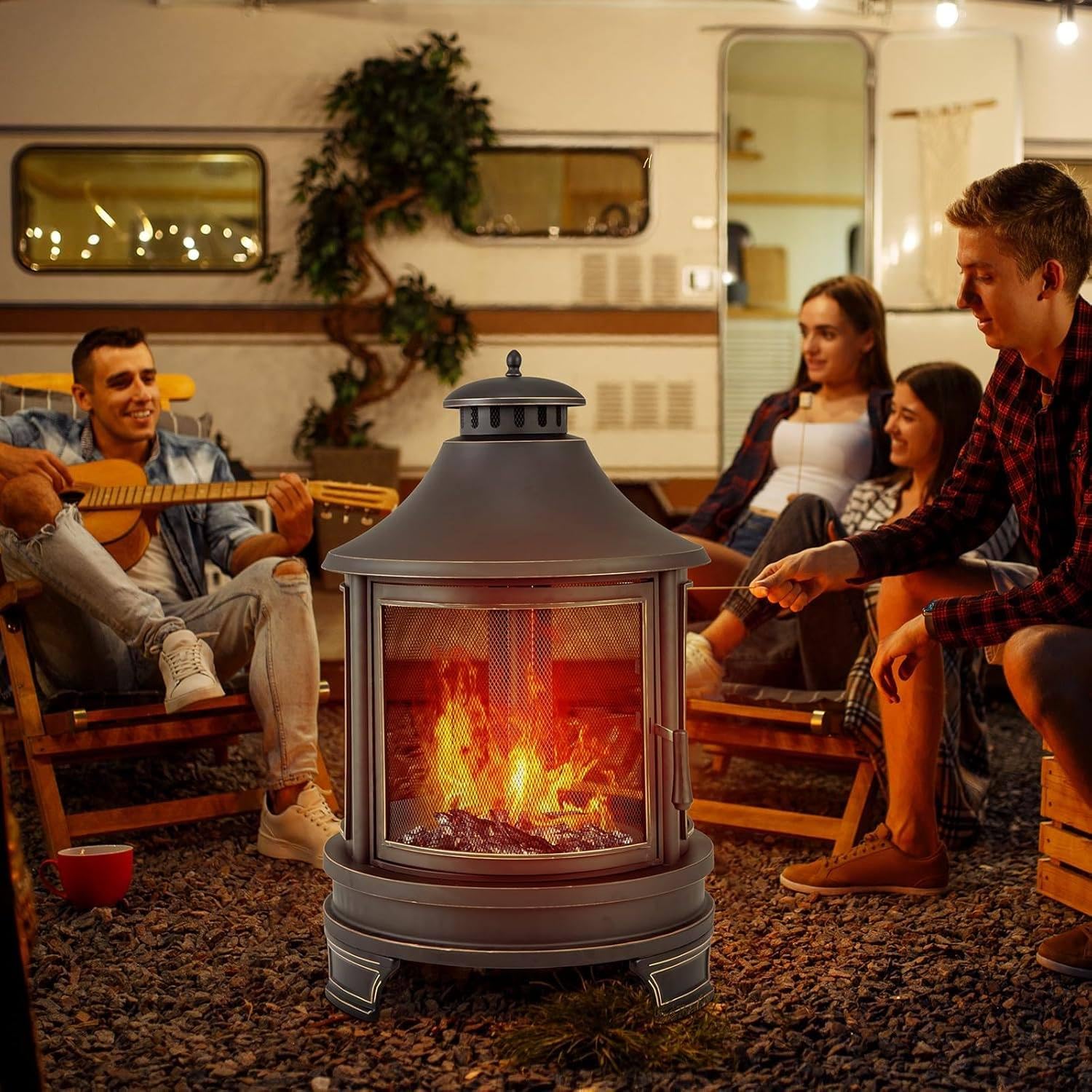 Braciere quadrato per esterni, a legna, con griglia di cottura, 49,5 x 30,5 cm (altezza x larghezza), per giardino, cortile, cortile, barbecue, design pagoda