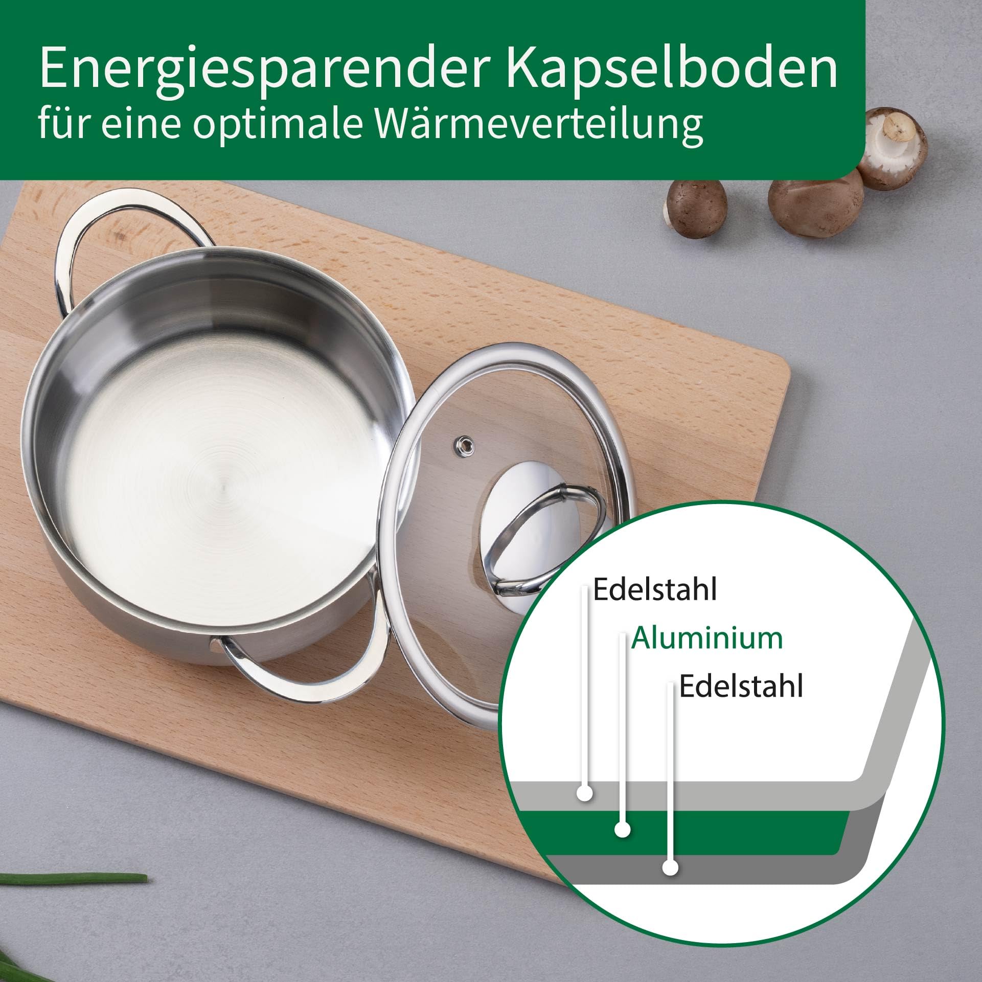 FACKELMANN Chefkoch Kochtopf mit Glasdeckel Leipzig – ø16cm, Edelstahl 18/8, Aluminium-Kern, für alle Herdarten inkl. Induktion – spülmaschinengeeignet
