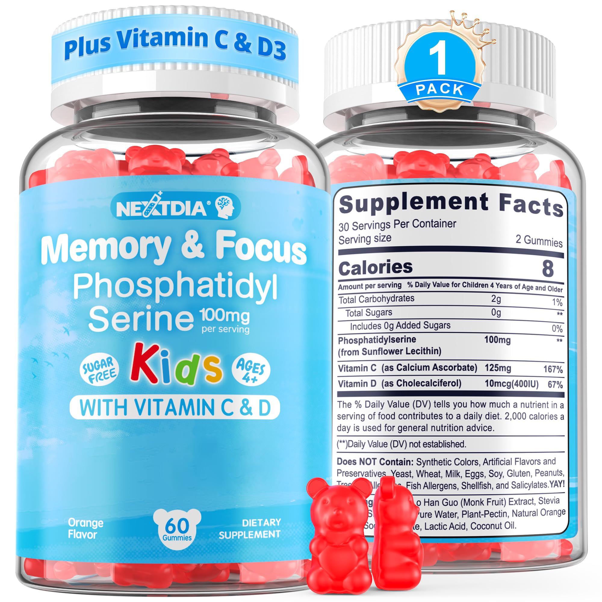 Phosphatidylserine Supplement 100mg, Kids Focus Gummies + Vitamin C & D3 — Amazon image 9