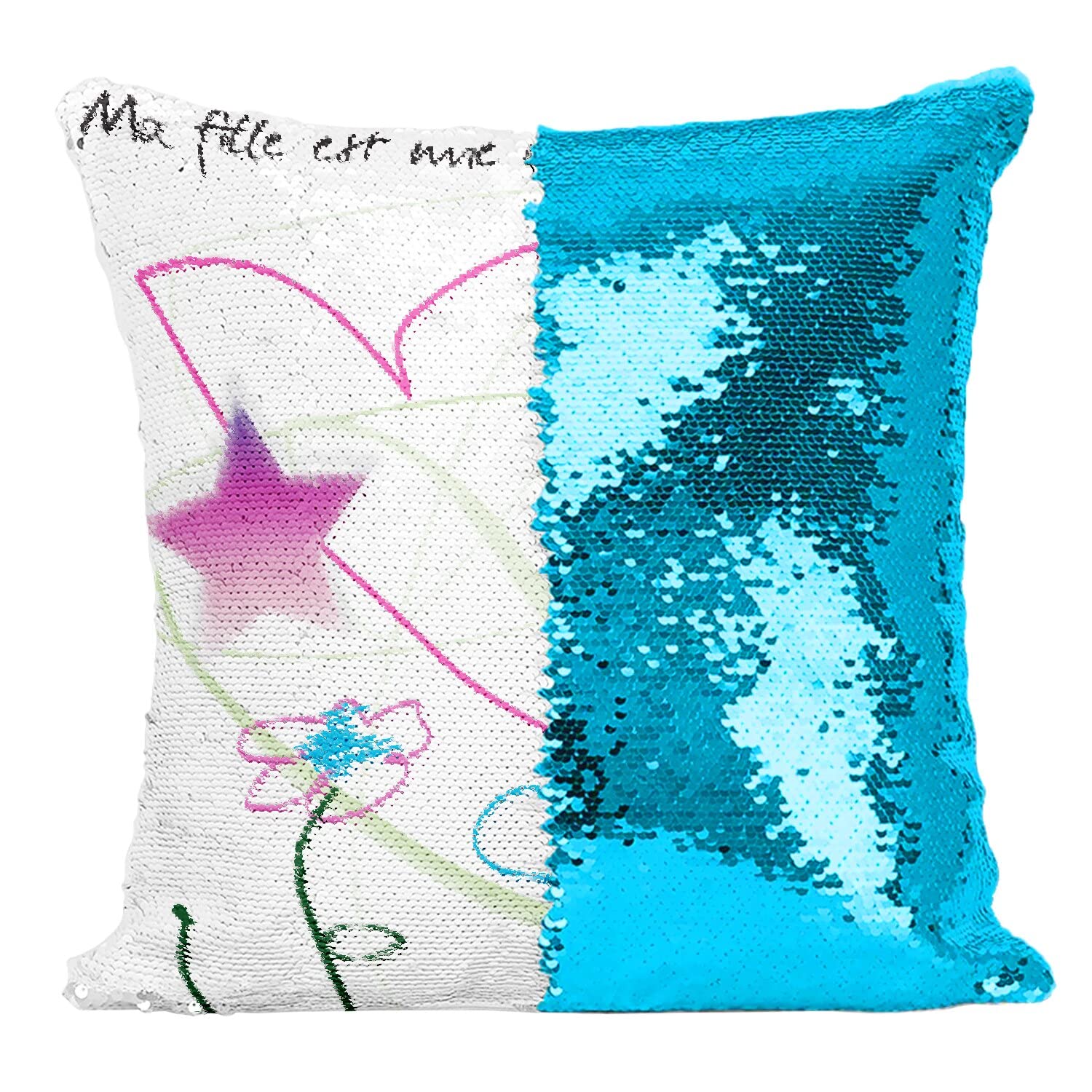 Coussin sequin turquoise avec dessin enfant Ma Fille Est Une Artiste
