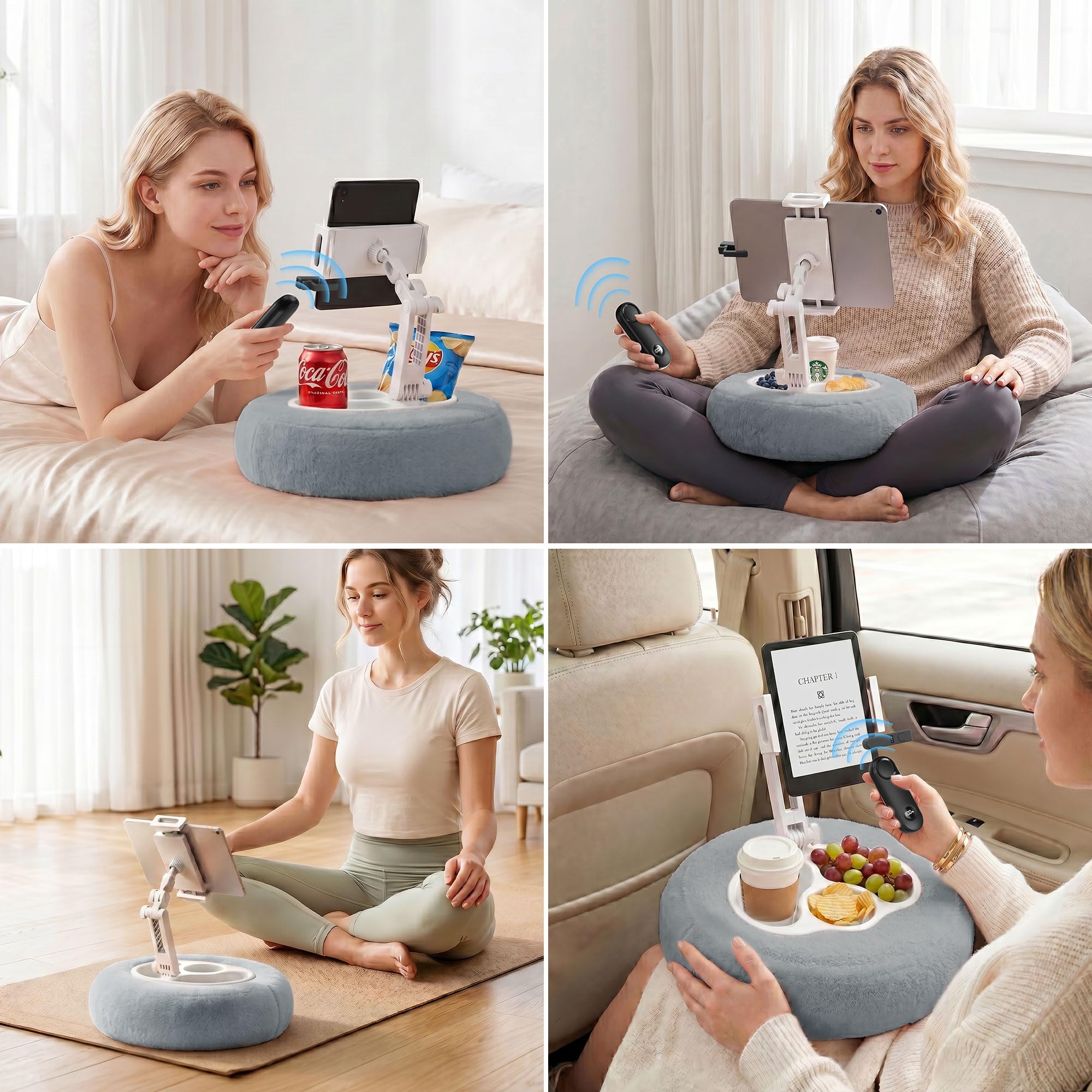 PlusAcc Cojín para Kindle con 3 Boles para Snacks – Soporte Tableta cojín,Ajustable 360° para Usar en el Regazo,Soporte de Lectura Manos Libres para Kindle,Kobo,Lavable Mando a Distancia Gris