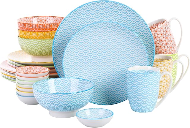 vancasso Natsuki zastawa obiadowa, wielokolorowy serwis obiadowy w japońskim stylu, zestaw 24 sztuk naczyń porcelanowych z talerzem obiadowym, talerzem deserowym, miseczką na musli, spodkiem i kubkiem, serwis dla 4 osób