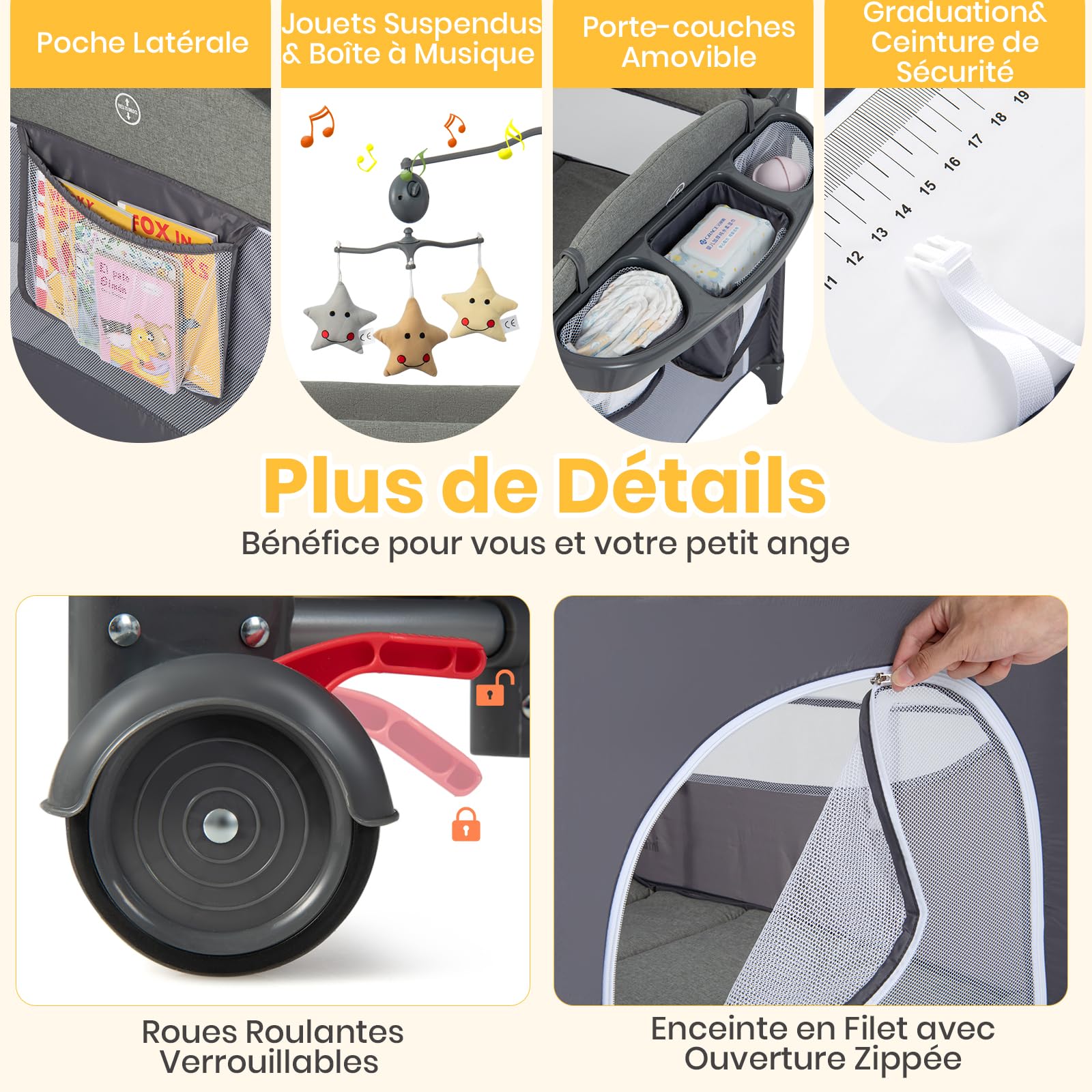 DREAMADE 5 en 1 Lit Parapluie Bébé, 110x76x82CM Lit Cododo avec Matelas,0-9Mois,avec Hauteur Réglable,Bascule 5-10°,Roues avec Freins,Boîte à Musique (Gris)