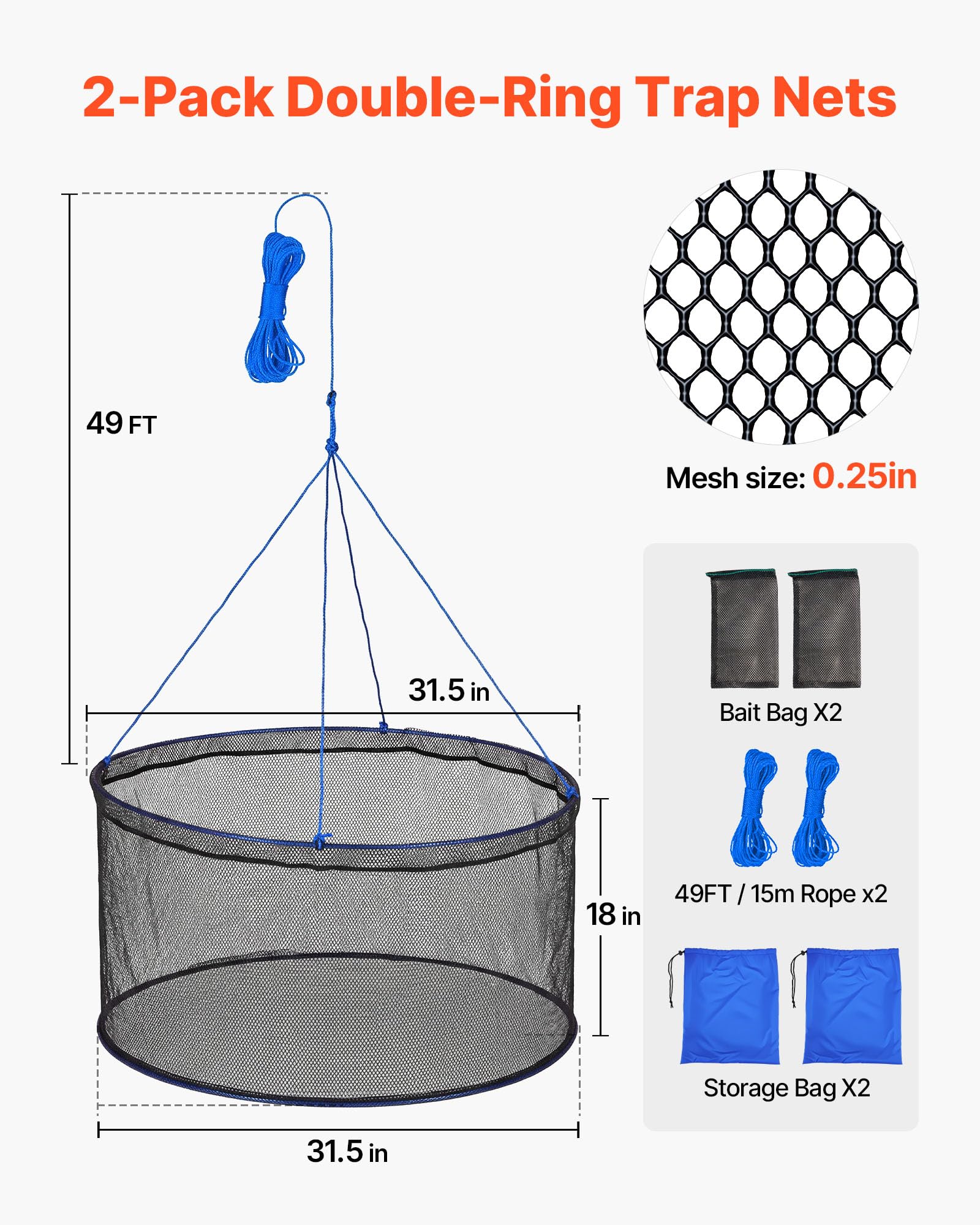 VEVOR Nasse à Écrevisses Pliable, Piège à Crabes en Filet Nylon, pour Pêche aux Crustacés Crevettes Poissons Quai Rivage Étang Bateau, Balance à Écrevisses Résistante avec Corde et Sac de Rangement