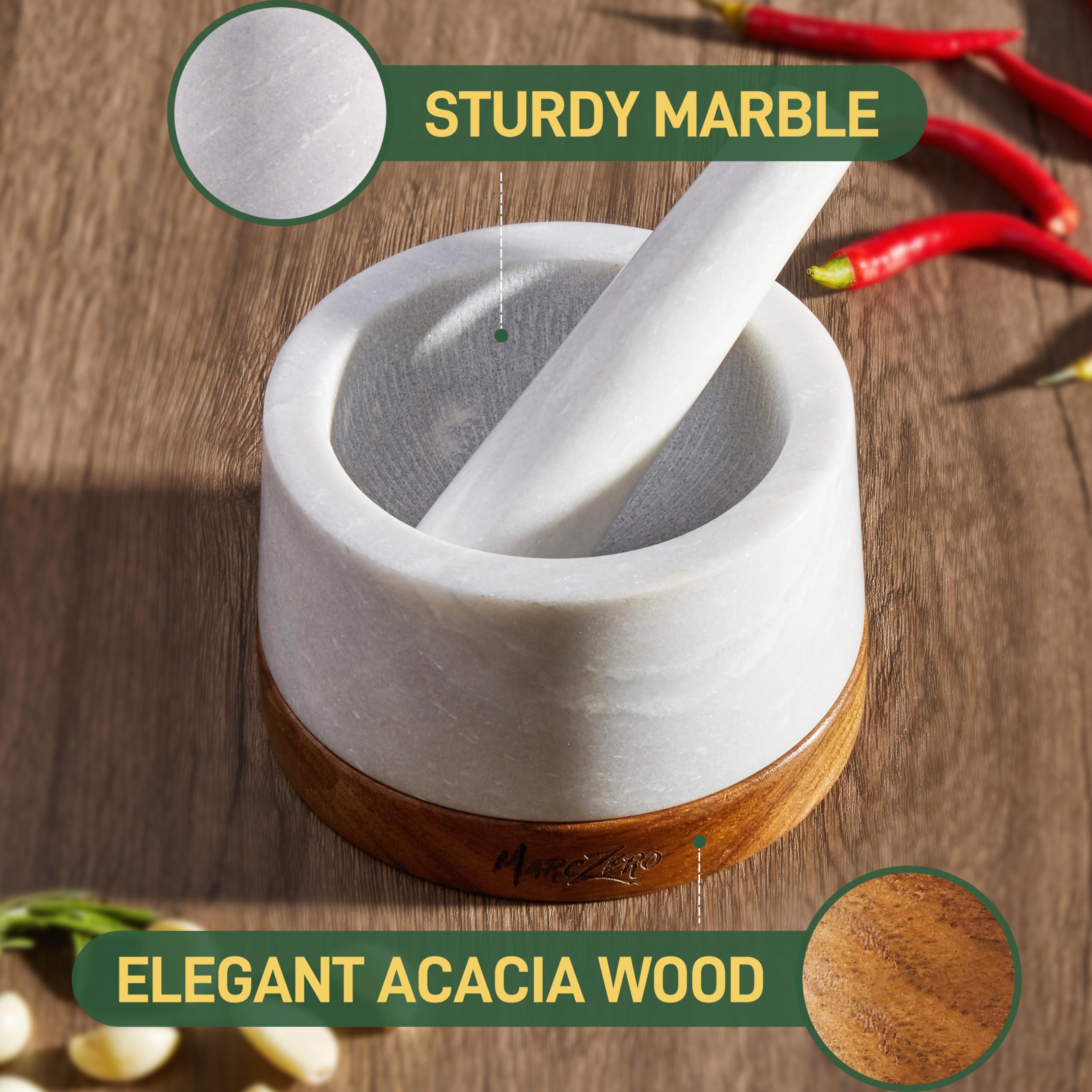 MarcZero Set di mortaio e pestello da 15,2 cm con base in legno antigraffio | Mortaio e pestello resistenti in marmo naturale (bianco)