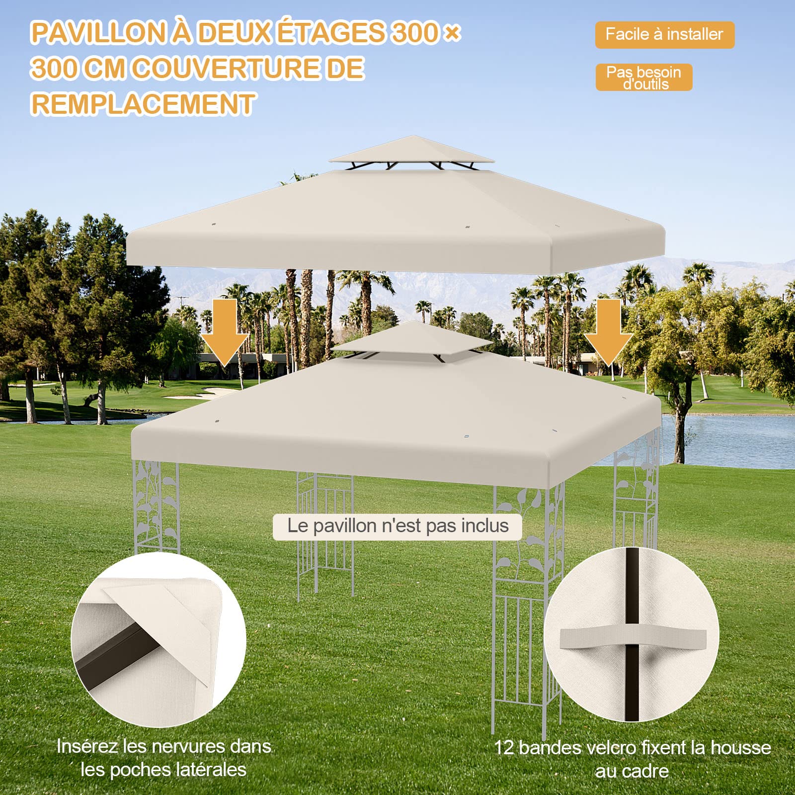 Toile De Toit Rechange Pour Pavillon 3x3m - Canvas 250g/m² Imperméable | Double Étage Beige
