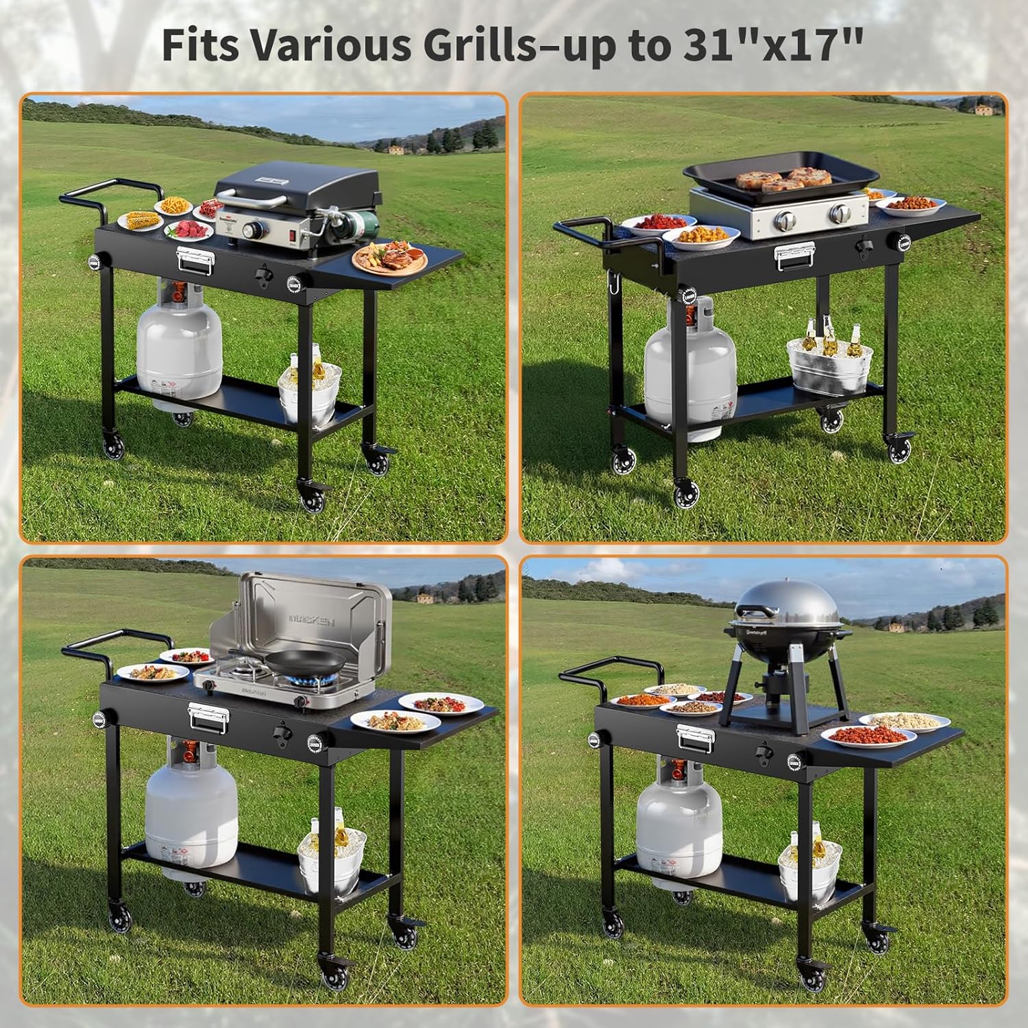 Portable Grill Cart for Blackstone Griddle, 440lb Foldable Outdoor Grill Table with Wheels for Ninja, 31" W x 17" D Blackstone Griddle Stand with Caddy Fit 17” or 22”, Black