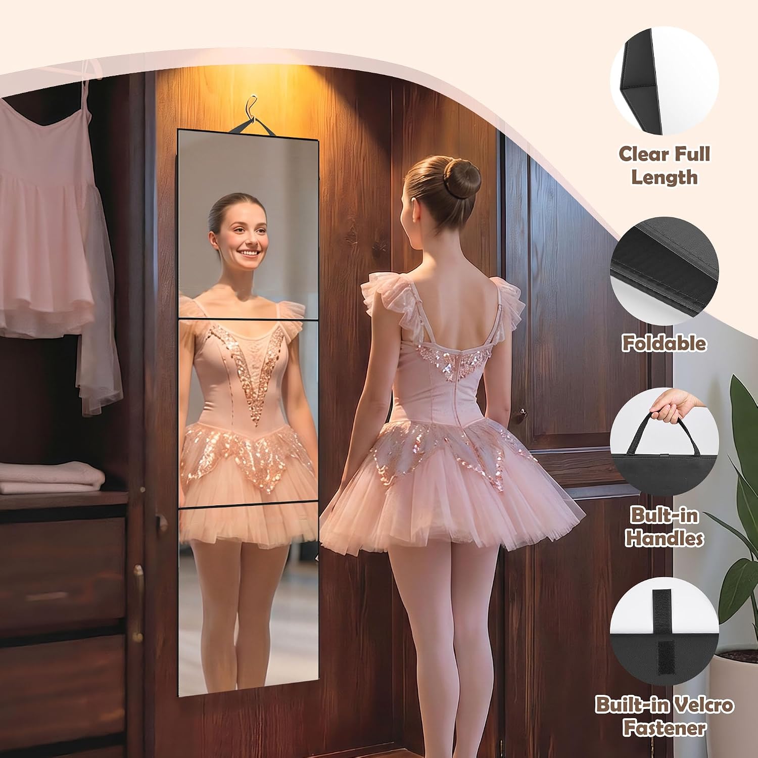 Hanging Portable Foldable Dance Mirror,Acrylic Shatterproof Folding Mirror for Camping,Lightweight Full Length,Dance Competition Must Haves (Black, Tri-fold: 47" L x 13" W)
