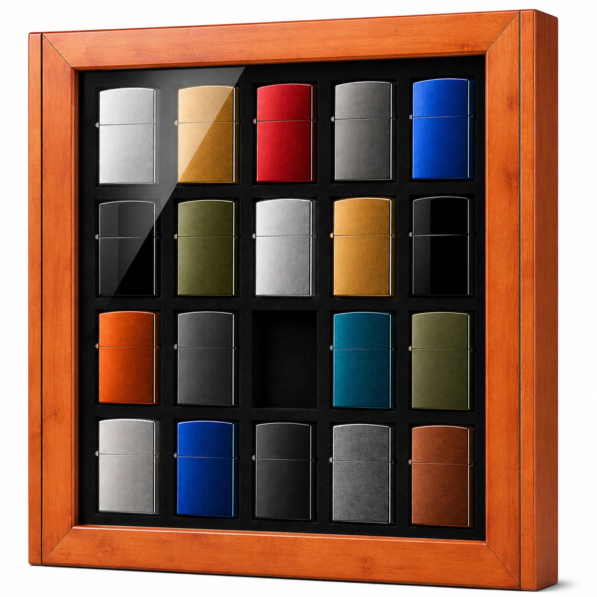 Vetrina per accendini (ad esempio Zippo) in legno, da collezione, vetrina in vetro, espositore per appendere 20 accendini da collezione (nero)