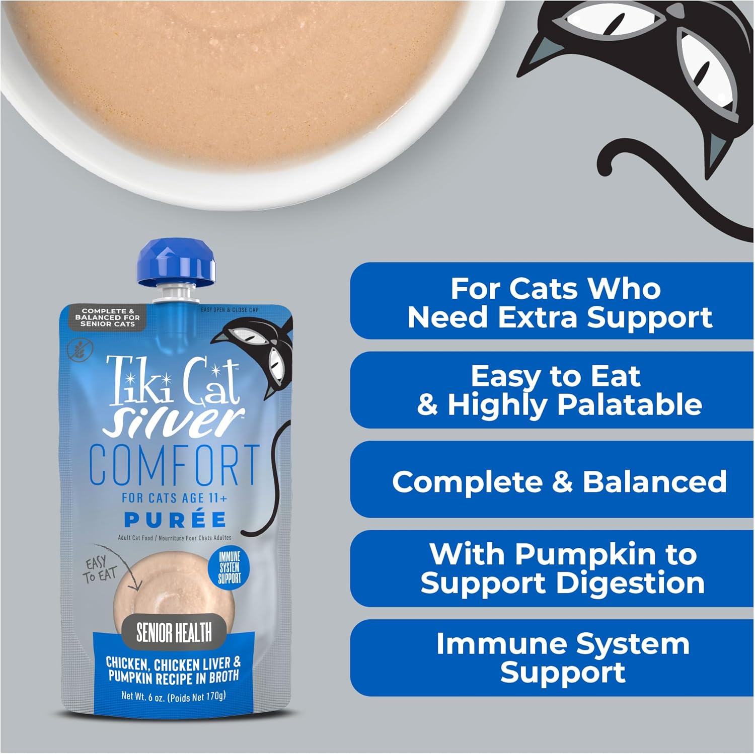 Tiki Cat Silver Comfort Puree Wet Cat Food, Chicken & Chicken Liver, 6 oz. Spout Pouch (6 Count)