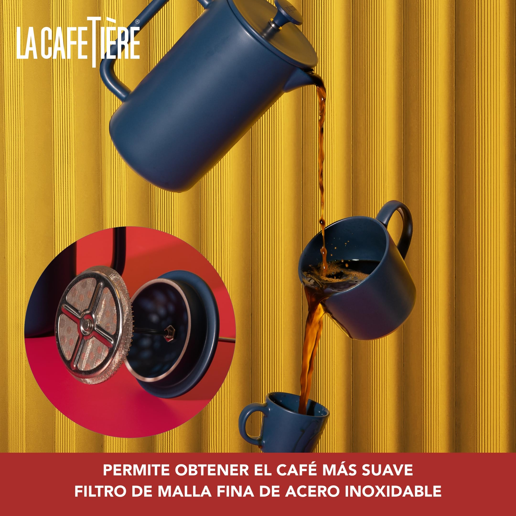 La Cafetière Arezzo - Cafetera grande de prensa francesa de 8 tazas, cerámica de gres resistente al calor con émbolo de fácil agarre, ideal para té suelto y café molido, azul marino