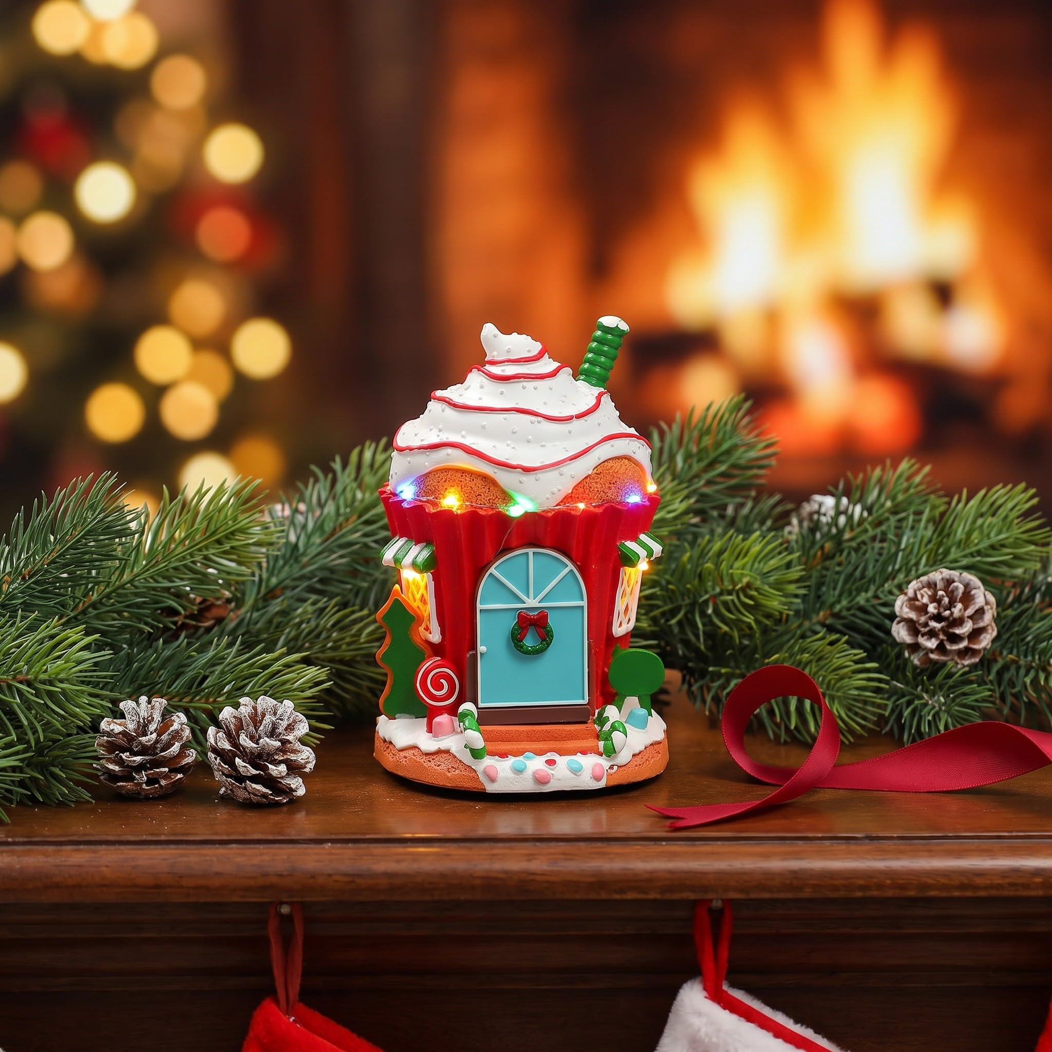 Kisangel Carillon natalizio con luce LED - Carillon a forma di casetta di Babbo Natale con gelato luminoso - Decorazione da tavolo per il soggiorno, ideale per le feste di Natale