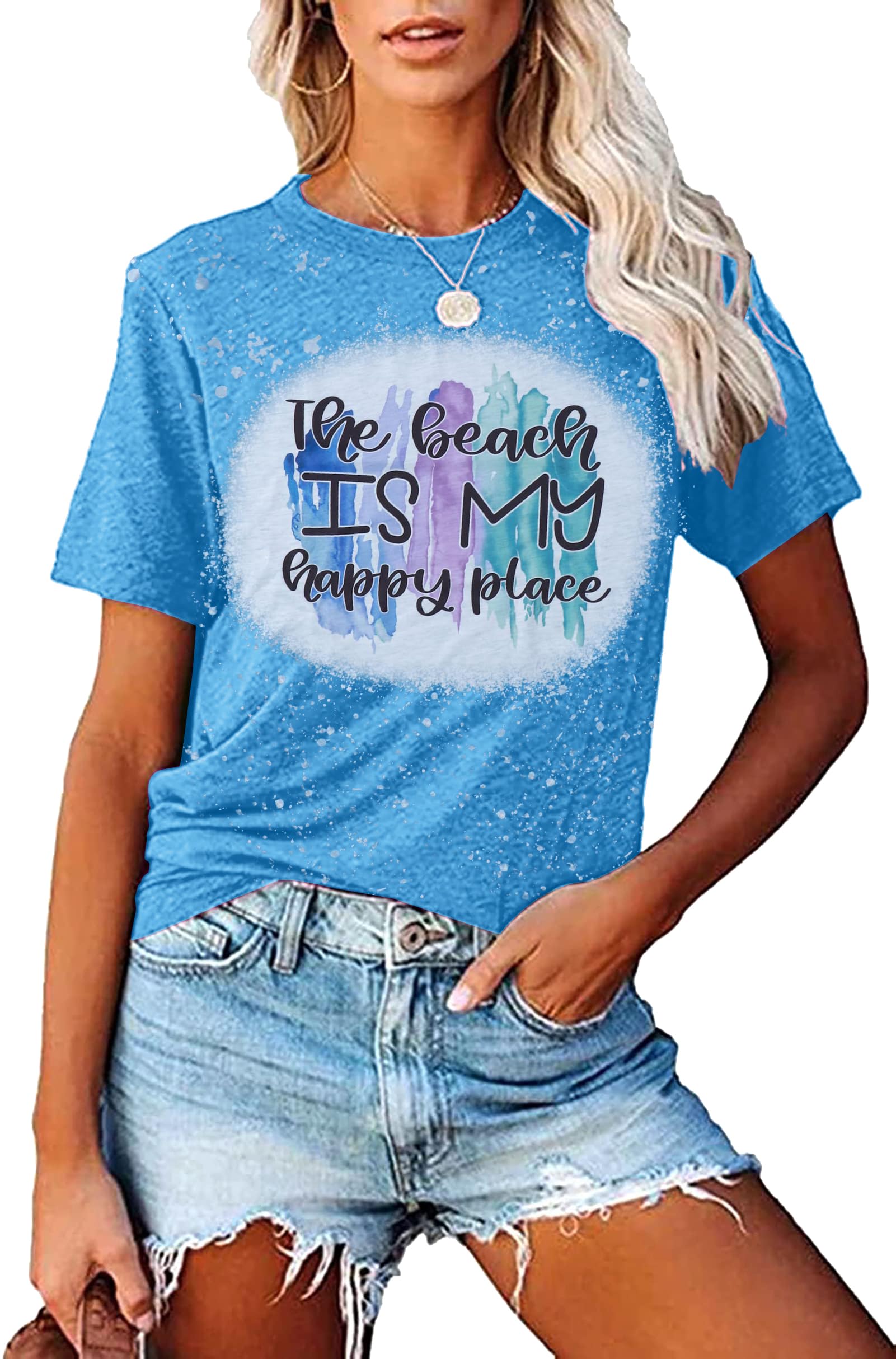 Photo 1 of Beach Shirt Women The Beach is My Happy Place T Shirt Short Sleeve Casual Summer Vacation Tees Top medium Sky Blue