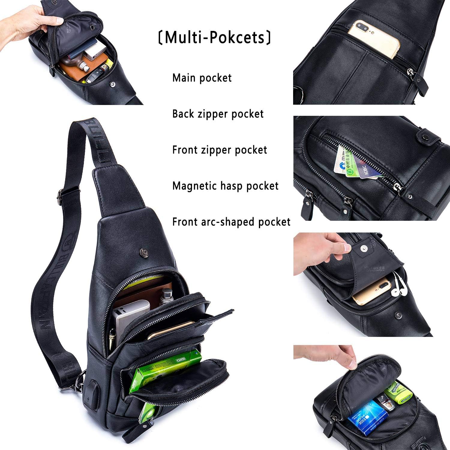 BULLCAPTAIN Leather Sling Bag Mens Chest Bag Casual Shoulder Crossbody Bags Travel Hiking Backpacks Daypack with USB Charging Port (Black) - Image 3