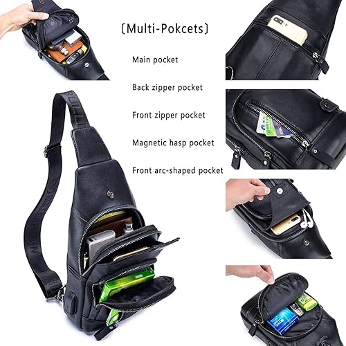 Miniatura 3 de BULLCAPTAIN Bolso bandolera de cuero para hombre, bolso cruzado de hombro casual, mochilas de viaje, senderismo, mochila con puerto de carga USB