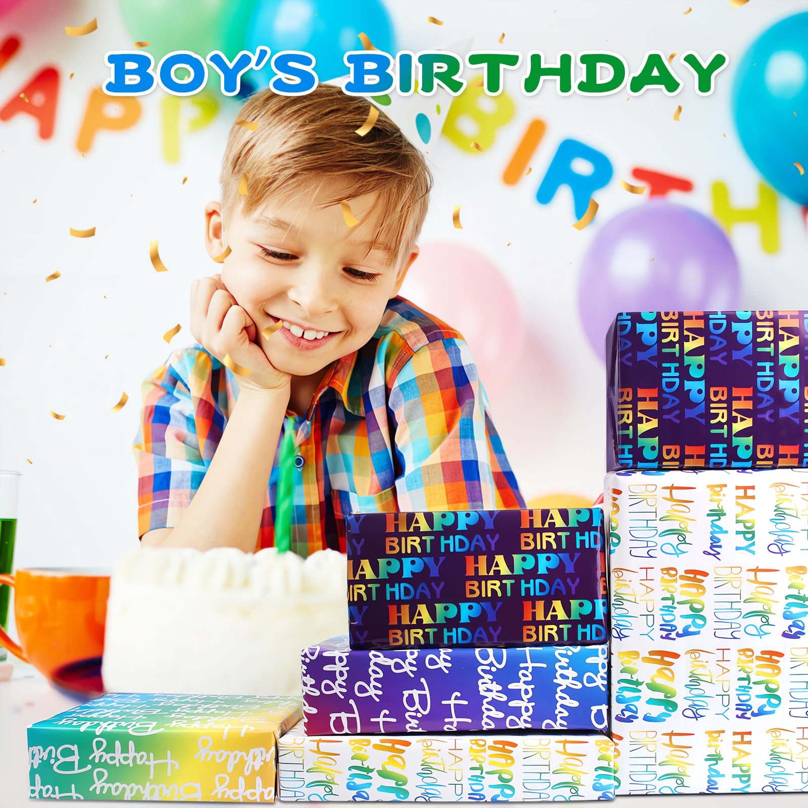 Papier do pakowania urodzinowego papieru do pakowania z gradientowym wielokolorowym tekstem "Happy Birthday", zestaw papieru do pakowania prezentów zawiera arkusze papieru do pakowania prezentów,