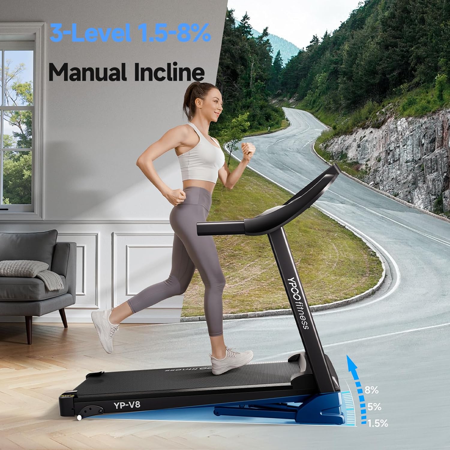 Woman running on YPOO Treadmill with 3-level manual incline indicated.