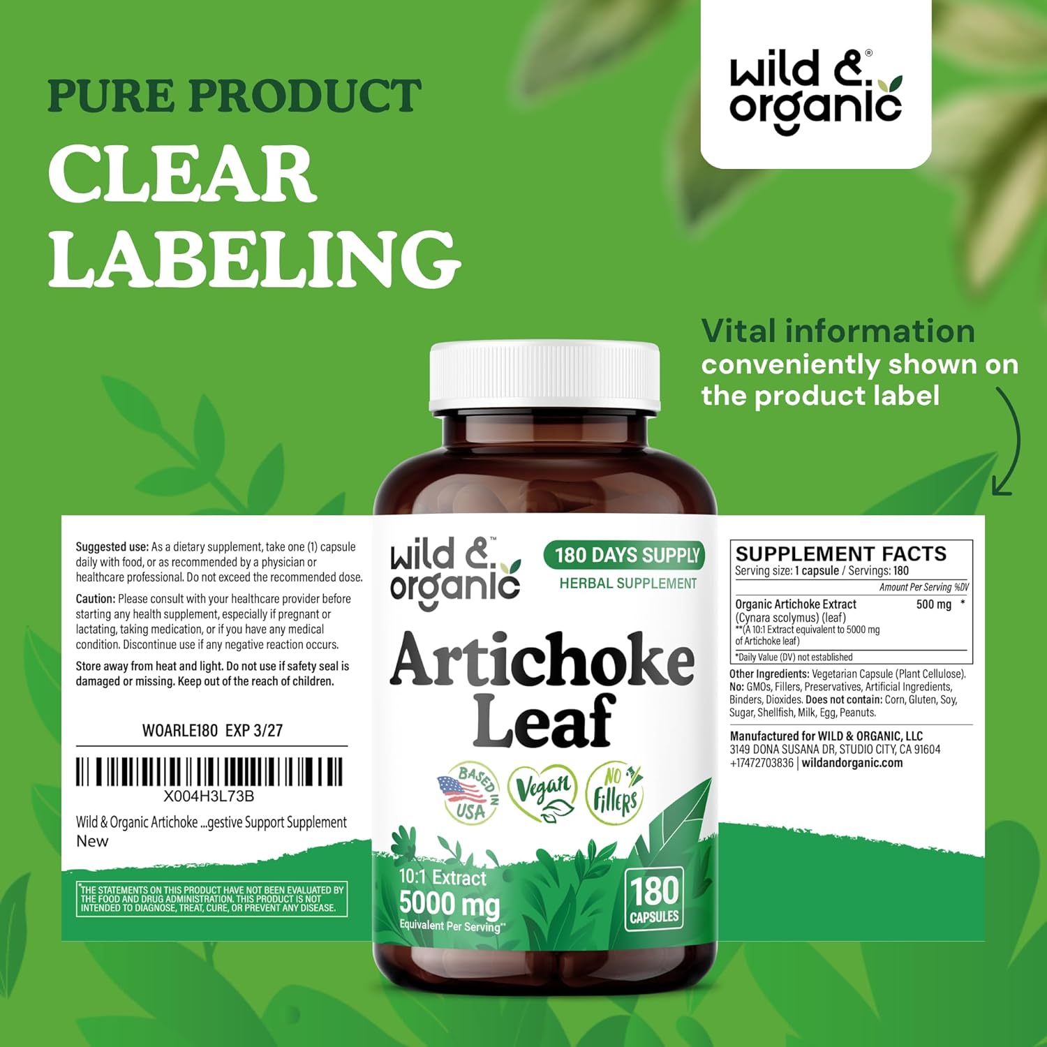 Wild & Organic Artichoke Extract Capsules 500 mg - Liver & Digestive Support - Artichoke Supplement - Cynara Scolymus Leaf Powder - Vegan, No Fillers, Non-GMO - 180 Count