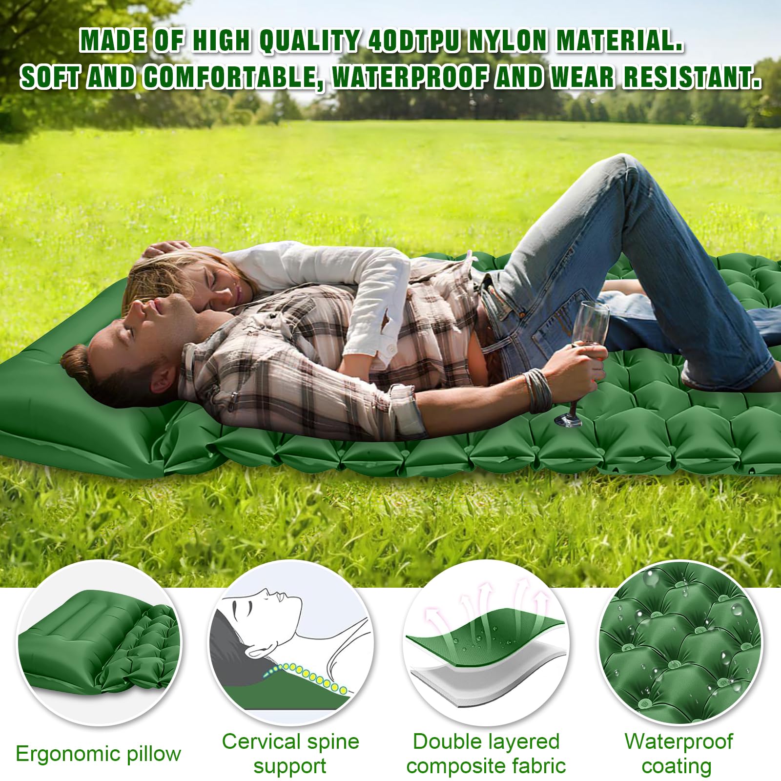 Colchón Autoinflable para Camping Impermeable con Bomba de Pie y Almohada Ultraligera Portátil