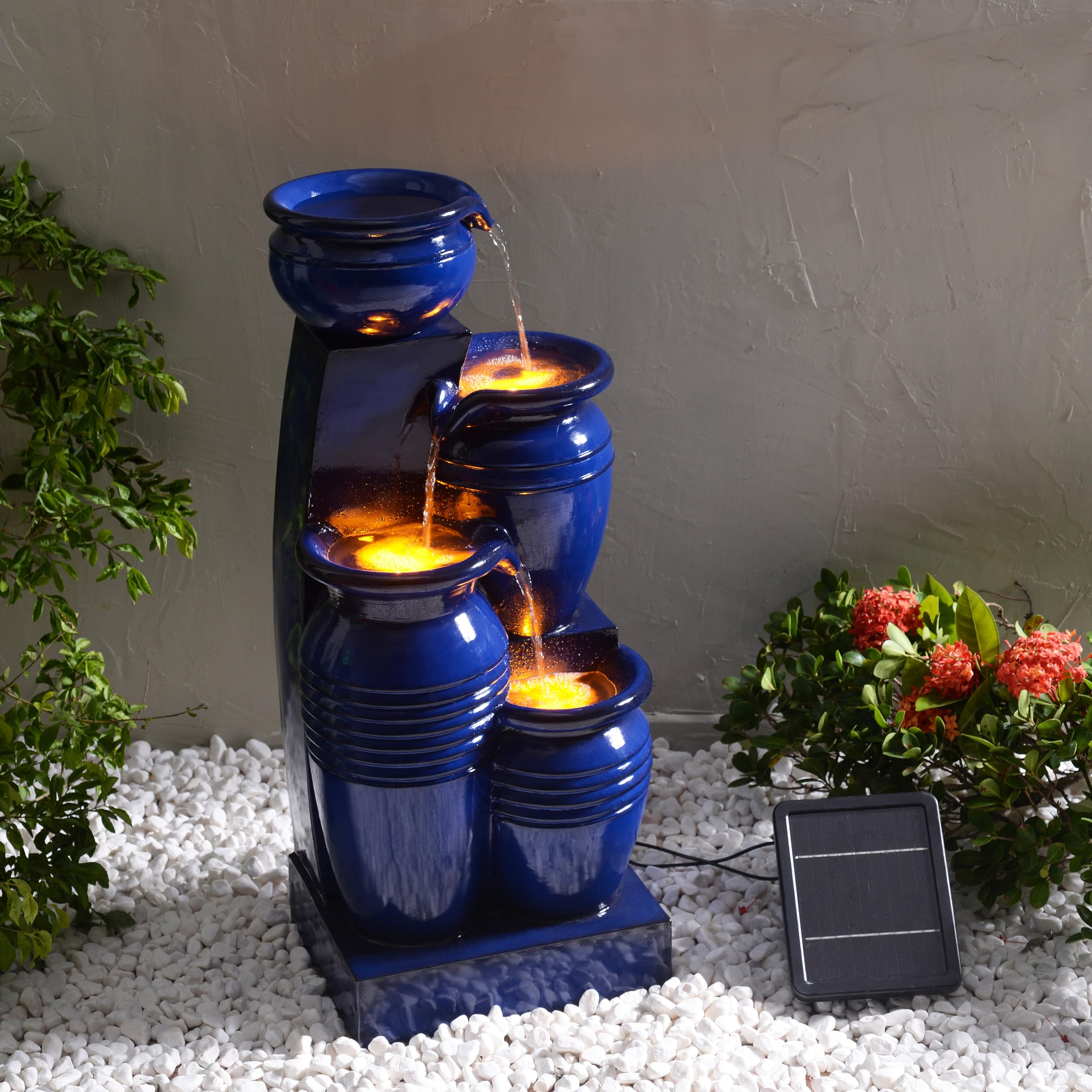 Fontaine d'eau extérieure à 4 étages de 28,74 pouces avec lumières LED, marine, Teamson Home | Lampes solaires LED pour jardin, aménagement paysager, terrasse, balcon, pelouse