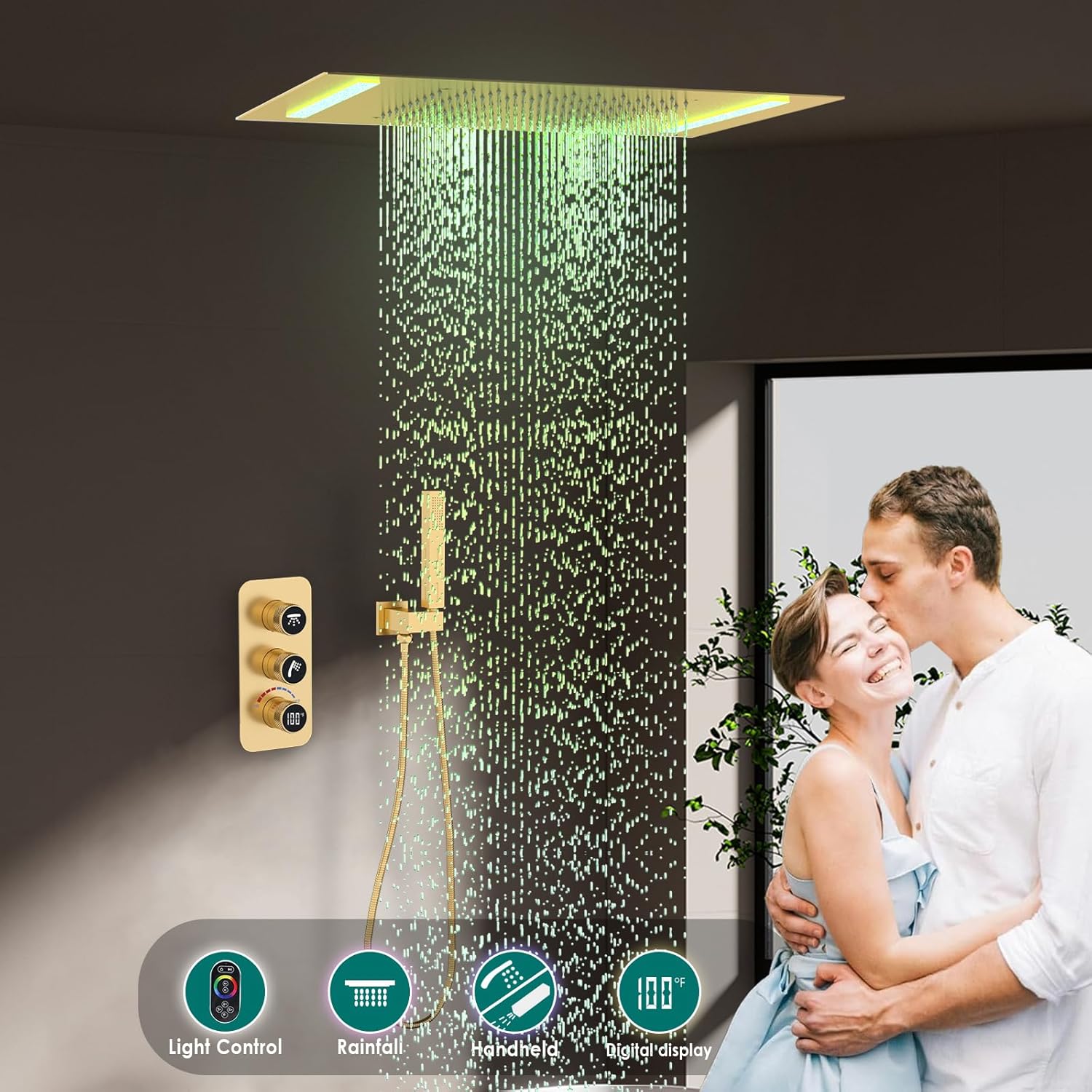 Luxury Shower Faucets Set Digital Shower System 20X14Inch Led Modern Rainfall Shower with Handheld Run Simultaneously, Brushed Gold Shower Fixture with Glowing Icon Temperature Display Brass Valve