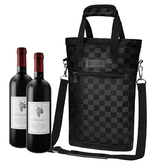 opux Two Bottle Wine Bag Carrier Insulated Leakproof Wine Tote, Check Black