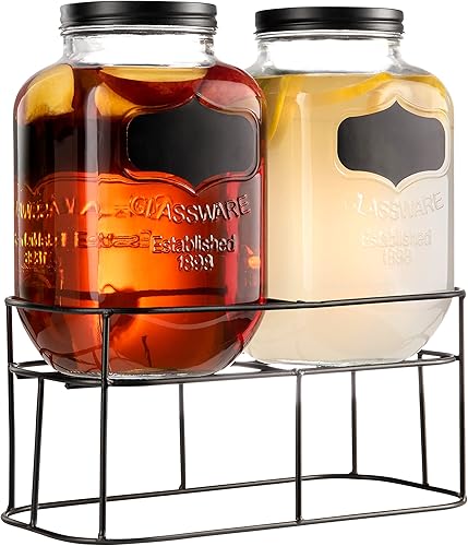 Miniatura 3 de Royalty Art Dispensadores de bebidas de doble tarro Mason con soporte de metal (4 litros cada uno) a prueba de fugas, espigas fáciles de tirar y