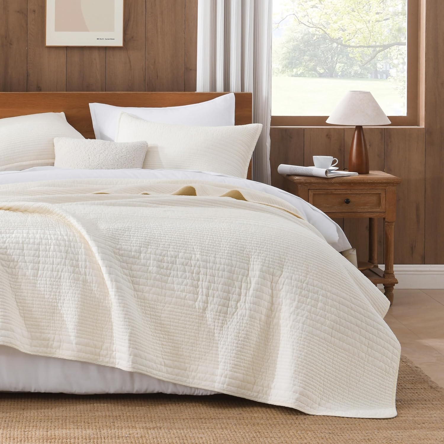 Andency 100% Cotton Queen Size Quilt, 3 Pieces Ivory Ultra Soft Lightweight Bedspreads & Coverlets Set, Striped Pick Stitch Quilted Bedding Sets for All Seasons (1 Quilt, 2 Pillow Shams), Ivory