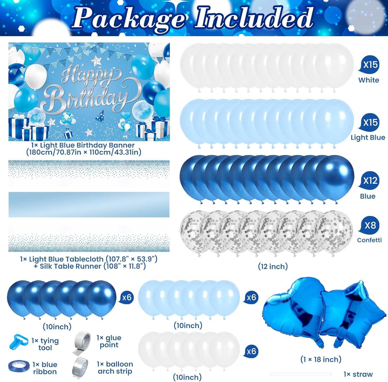 Light Blue Birthday Party Decorations Light Blue Party Decoration Backdrop Banner with Heart Star Foil Balloons Tablecloth Happy Birthday Party Supplies for Boys Girls Men Women Bday Celebration