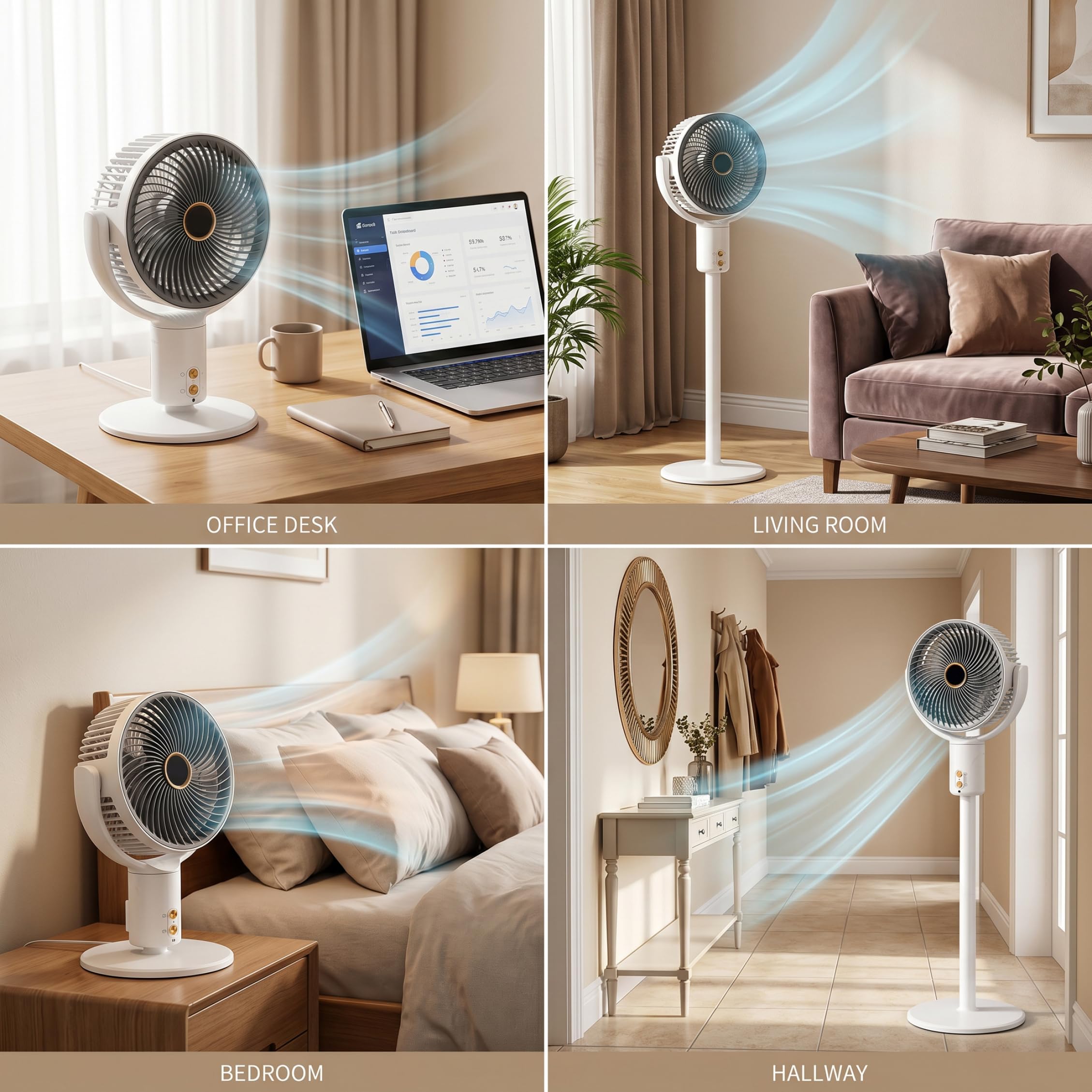 Ventilatore Pieghevole, Ventilatore da Terra Portatile, ventole oscillanti silenziose Senza Fili con Altezza Regolabile, utilizzo su scrivania e Pavimento, Bianco