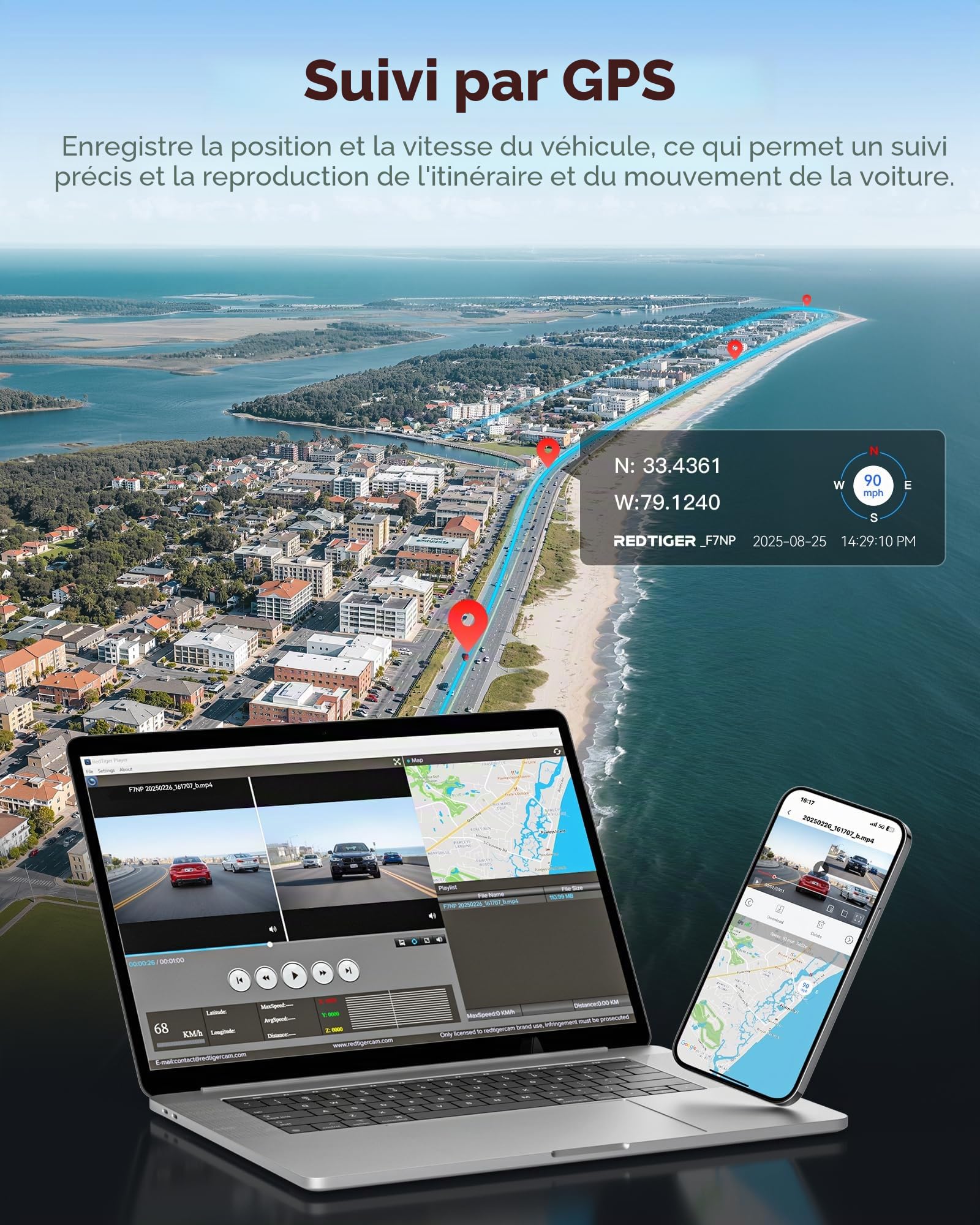 REDTIGER 4K Dashcam Voiture et USB-C to USB-C Power Cord,STARVIS 2,Écran IPS 3,18 Pouces,Carte 128 Go Incluse, WiFi 5,8 GHz,GPS,Vision Nocturne,Grand Angle 170° WDR,Moniteur de Stationnement