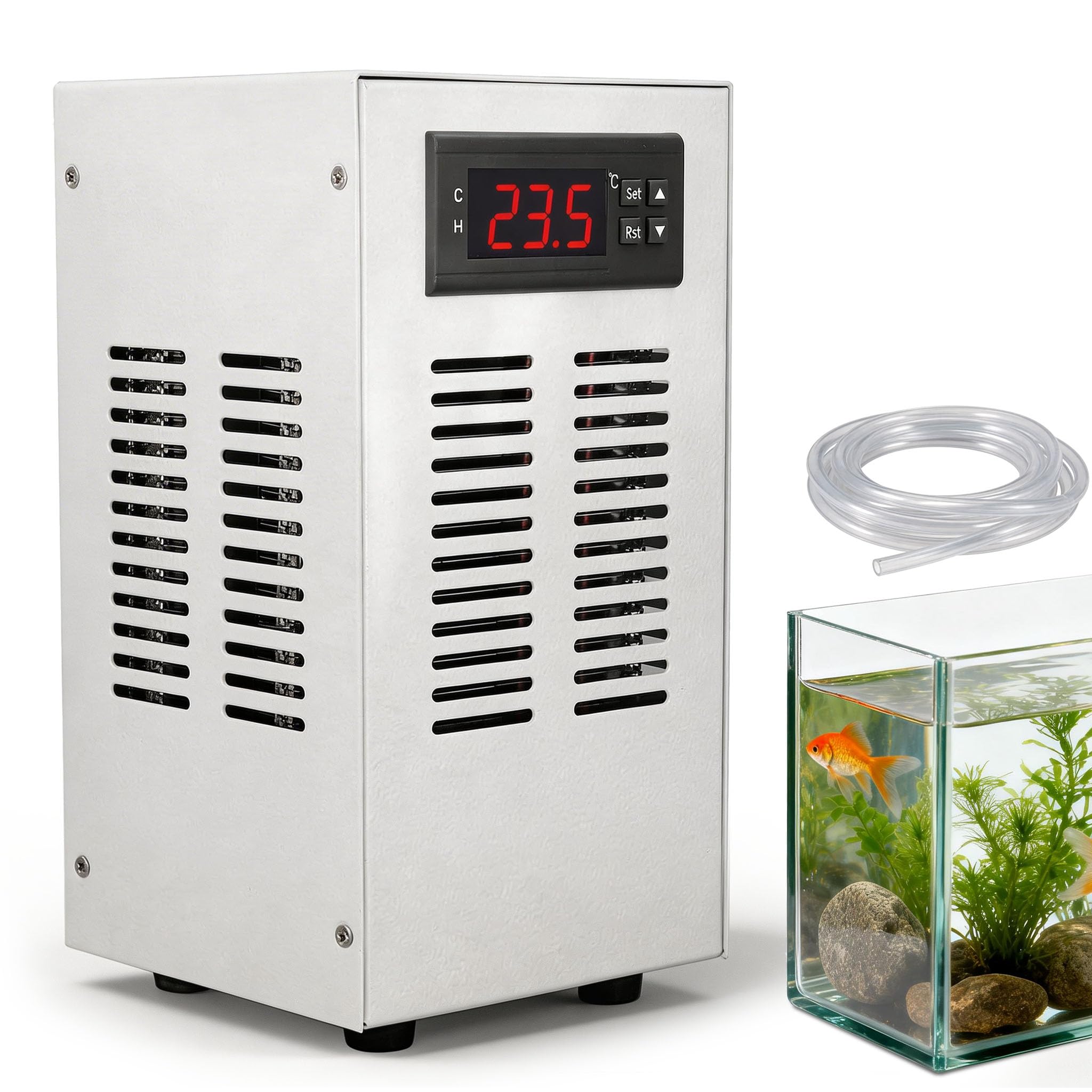 Enfriador Acuario, Refrigerador Acuario de 35L Water Chiller Bajo Nivel de Ruido 10-40°C Enfriador en Línea con Bomba de Agua y Tuberías 120W 220V para Acuarios Inteligentes